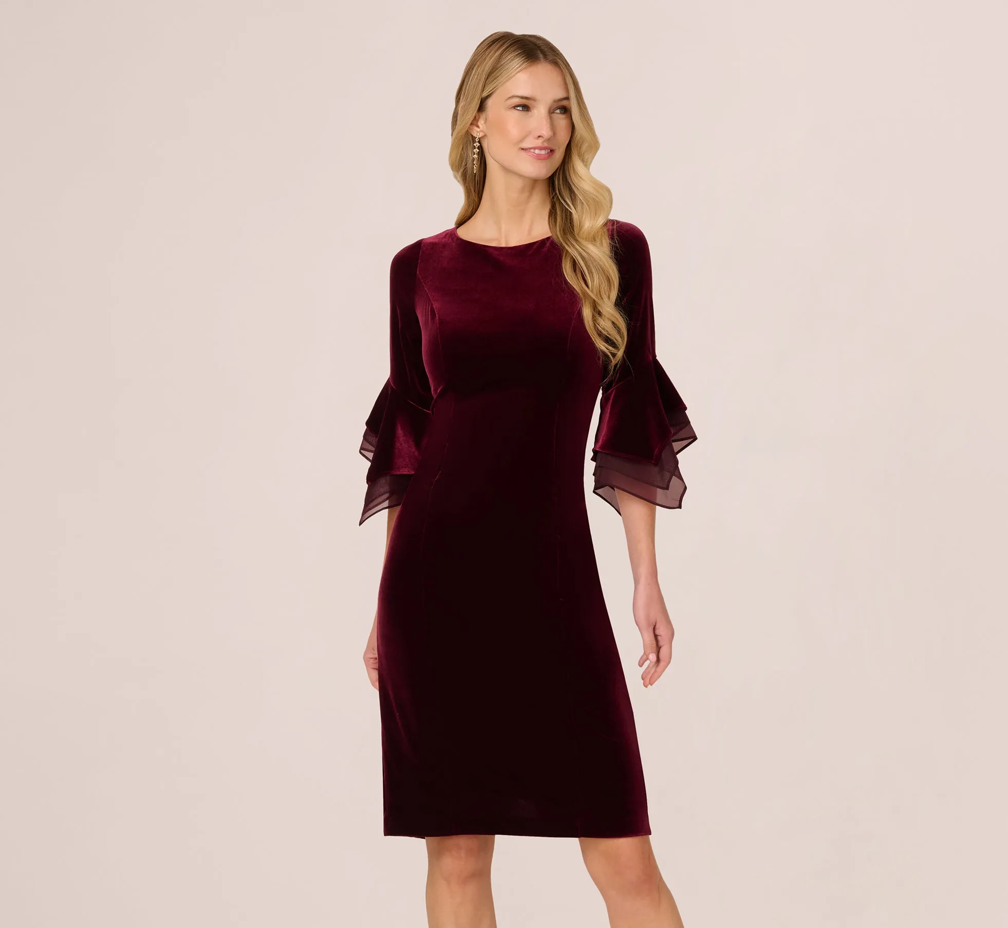 Velvet Sheath Dress With Tiered Three Quarter Sleeves In Bordeaux sold by Adrianna Papell product image thumbnail 2