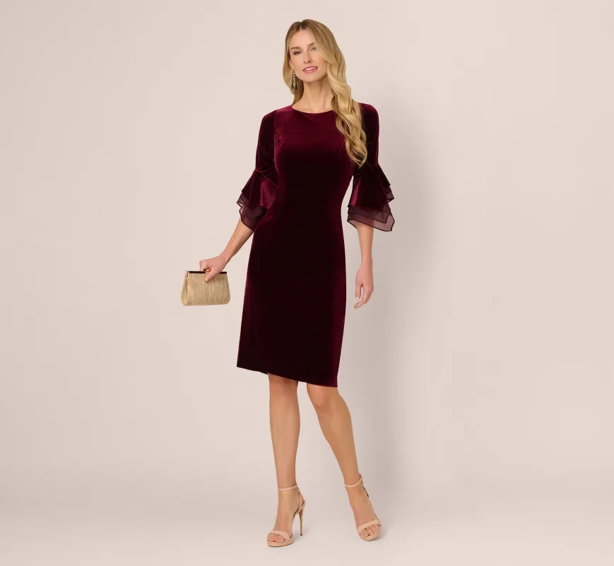 Velvet Sheath Dress With Tiered Three Quarter Sleeves In Bordeaux sold by Adrianna Papell