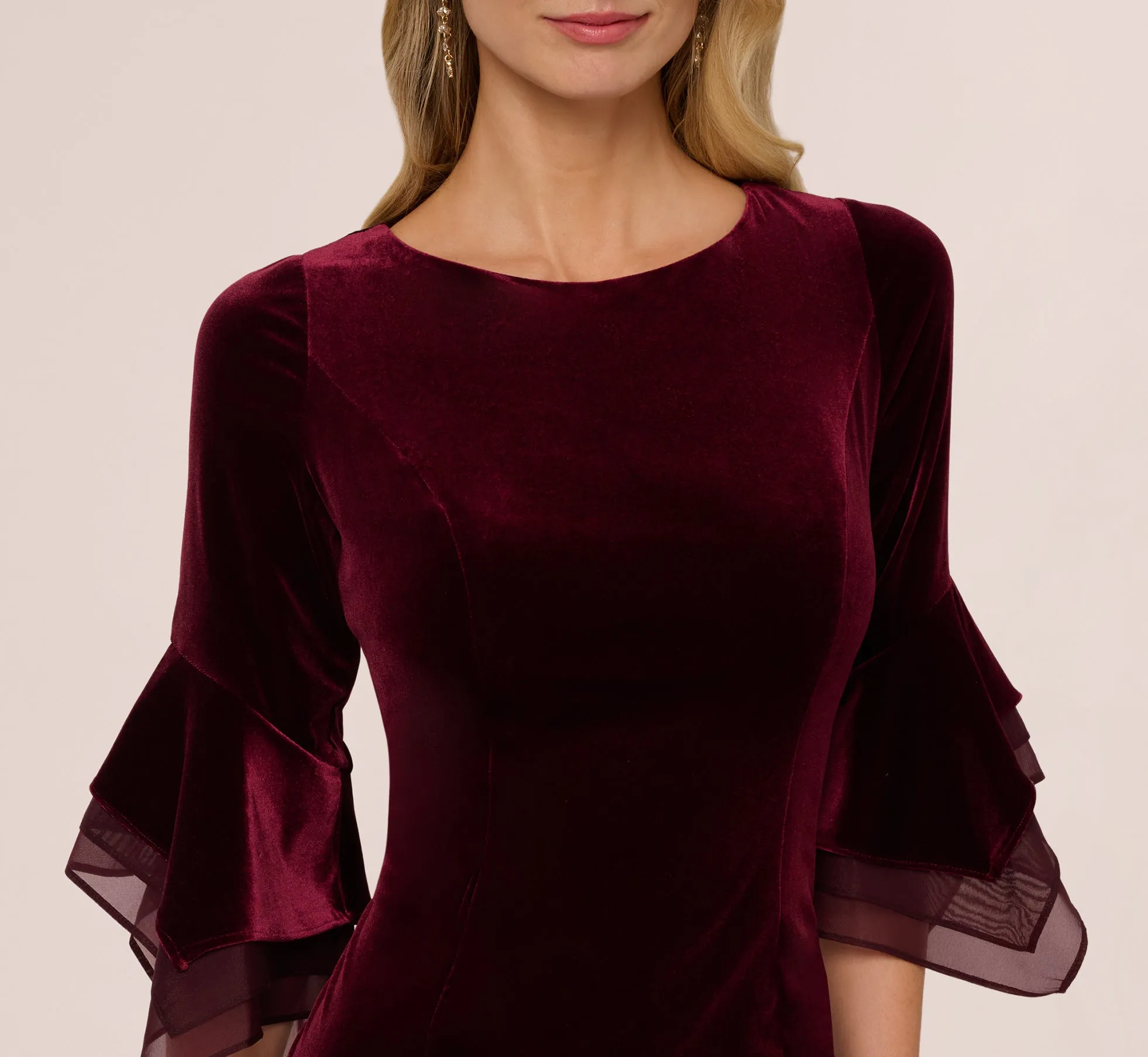 Velvet Sheath Dress With Tiered Three Quarter Sleeves In Bordeaux sold by Adrianna Papell product image thumbnail 3
