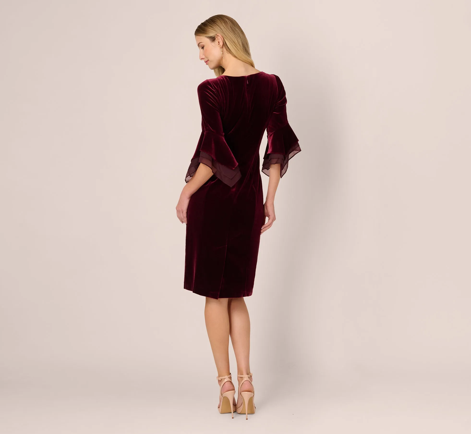 Velvet Sheath Dress With Tiered Three Quarter Sleeves In Bordeaux sold by Adrianna Papell product image thumbnail 5