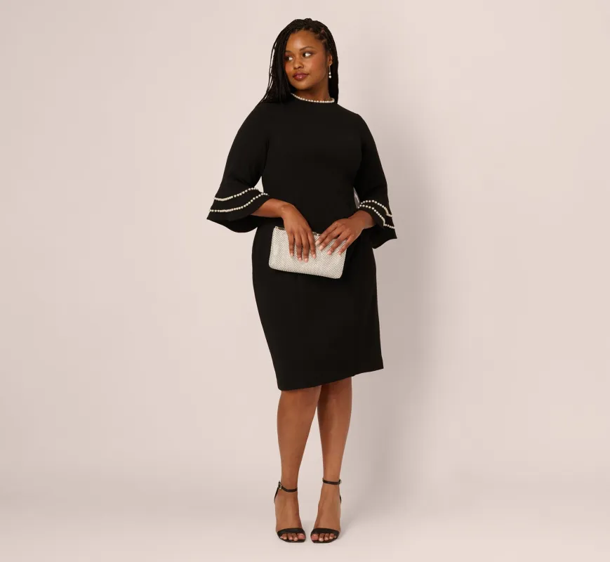 Plus Size Three Quarter Bell Sleeve Pearly Trim Sheath Dress In Black Ivory made by Adrianna Papell