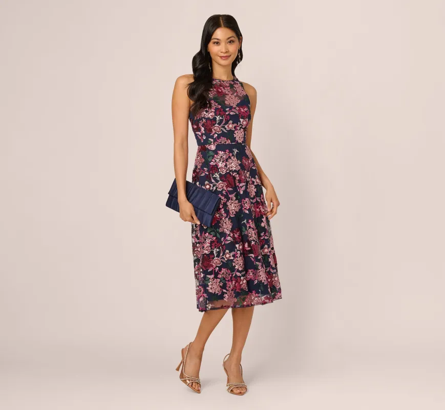 Sleeveless Illusion Sequin Midi Dress In Midnight Multi sold by Adrianna Papell