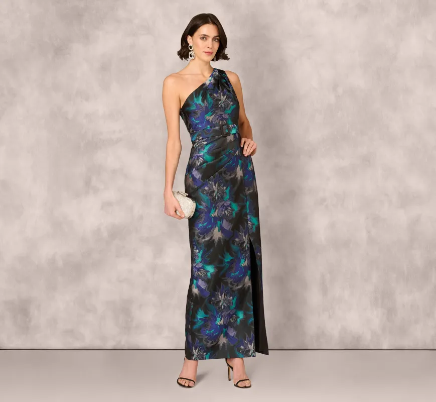 One Shoulder Floral Jacquard Belted Gown In Blue Multi sold by Adrianna Papell