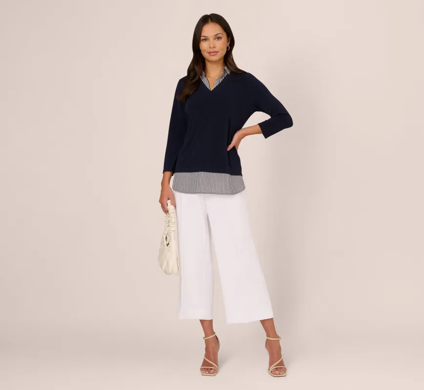 Three Quarter Sleeve Sweater With Button Down Accents In Navy W  Navy Ivry Small Stripe sold by Adrianna Papell