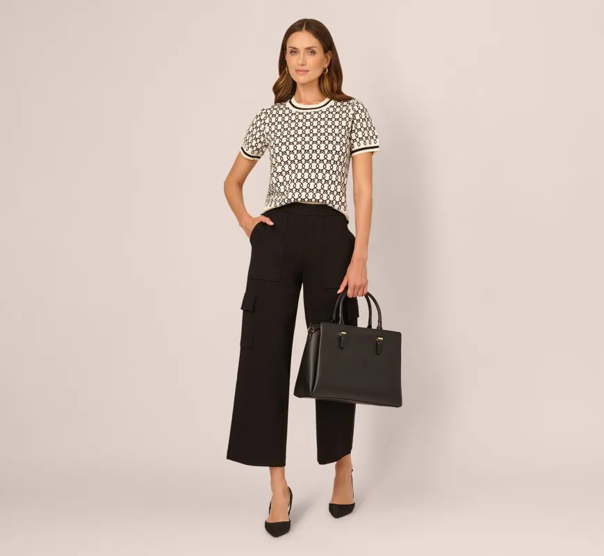 Short Sleeve Chain Patterned Knit Top In Cream Black Double Chain Link made by Adrianna Papell