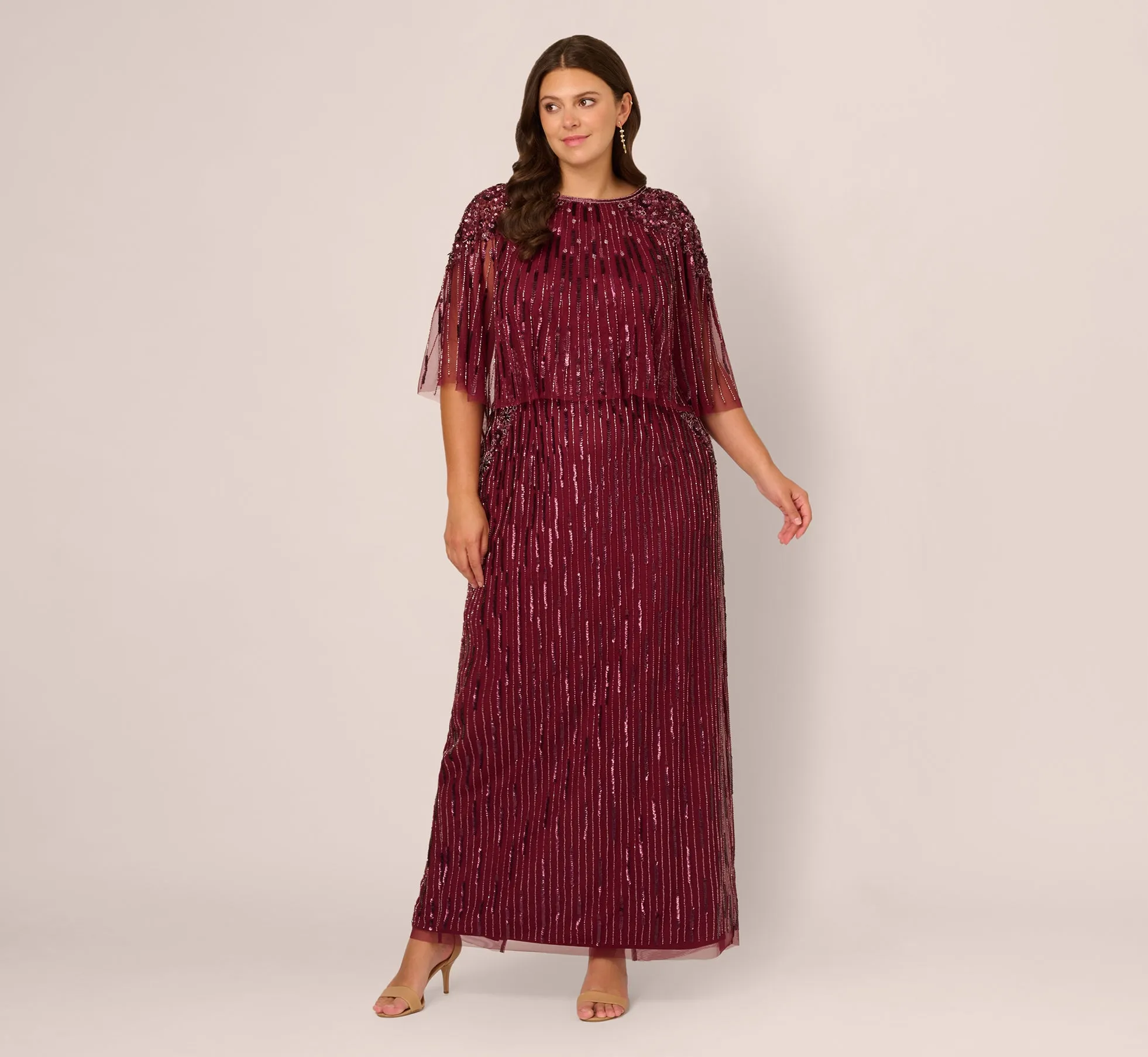 Plus Size Linear Bead Cape Column Gown In Mahogany sold by Adrianna Papell product image thumbnail 2
