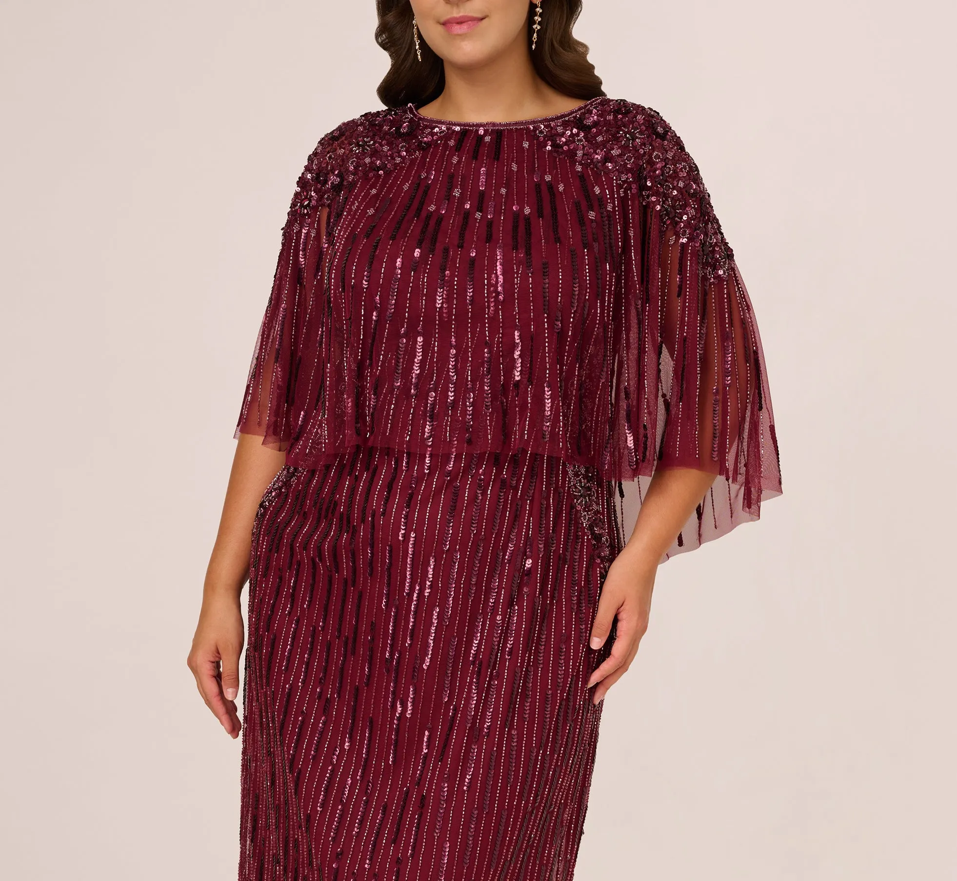 Plus Size Linear Bead Cape Column Gown In Mahogany sold by Adrianna Papell product image thumbnail 3