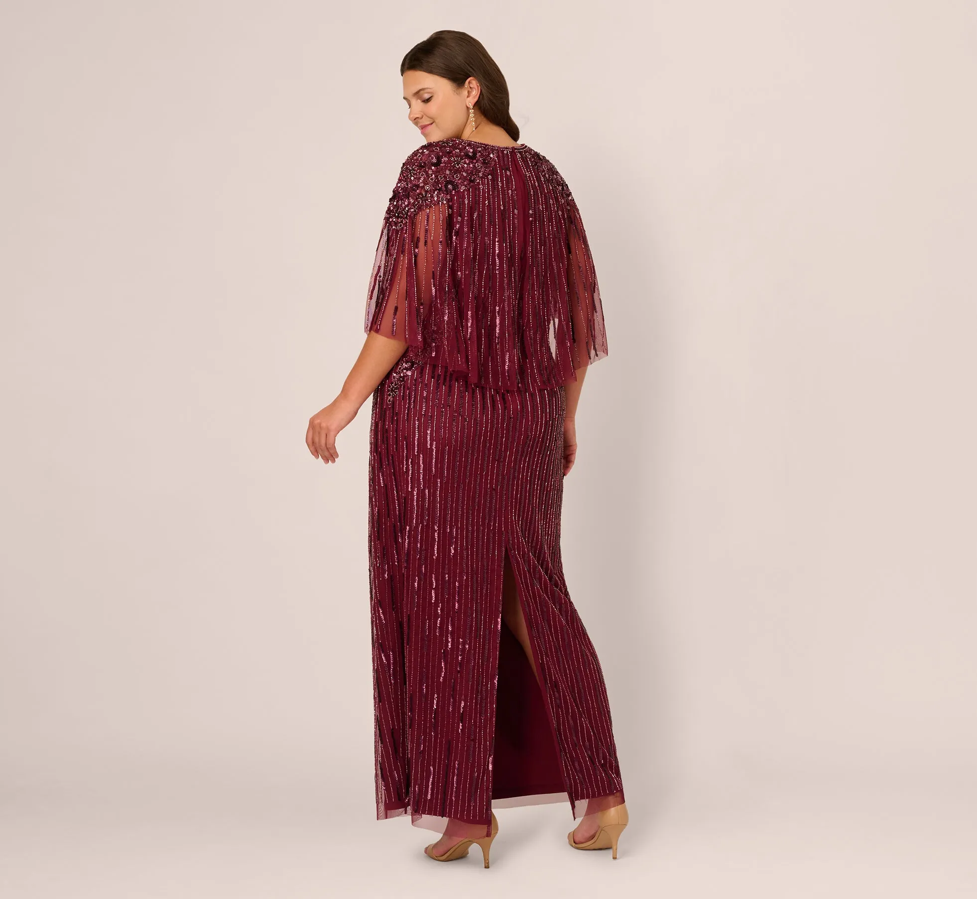 Plus Size Linear Bead Cape Column Gown In Mahogany sold by Adrianna Papell product image thumbnail 5