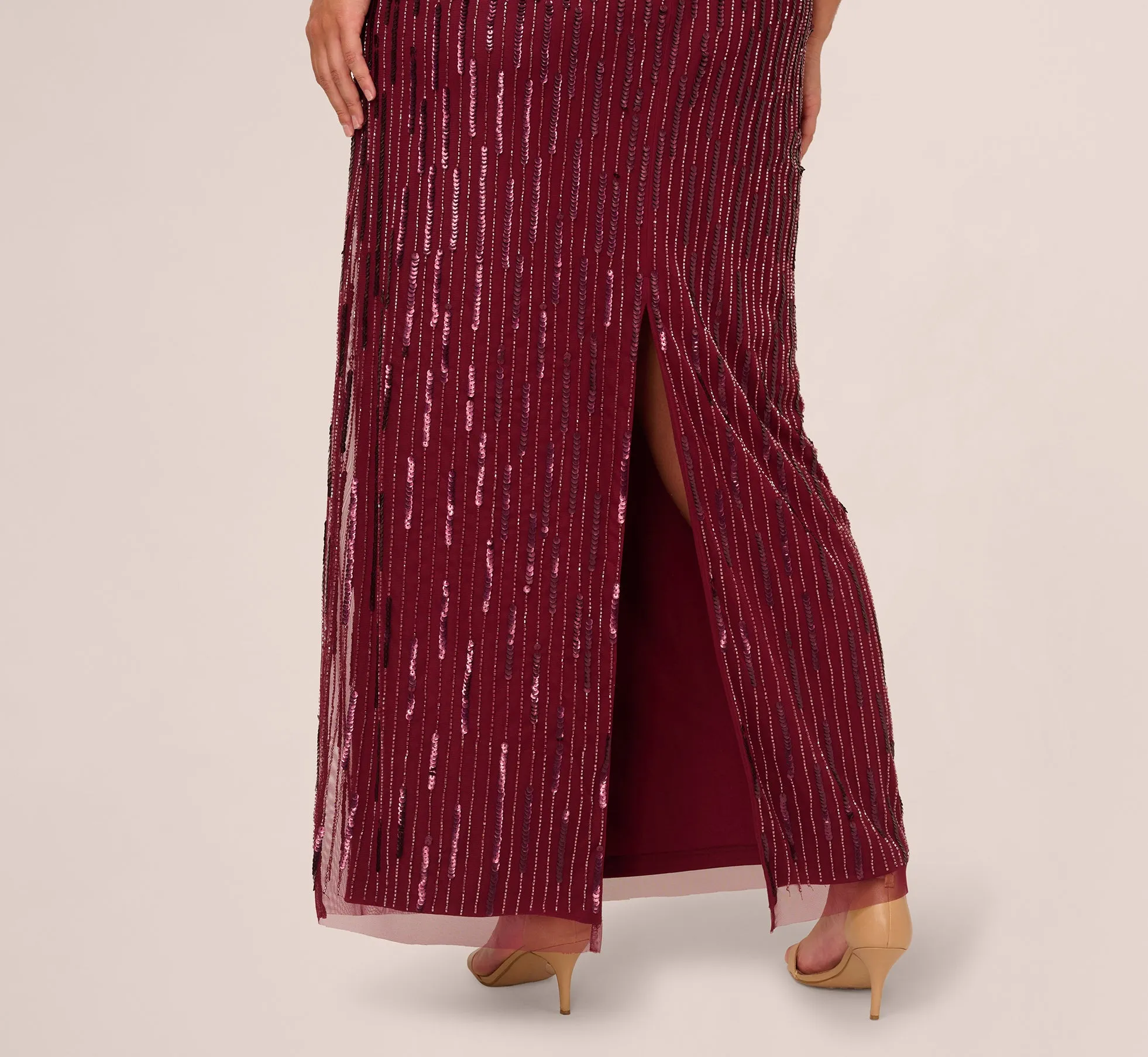 Plus Size Linear Bead Cape Column Gown In Mahogany sold by Adrianna Papell product image thumbnail 4