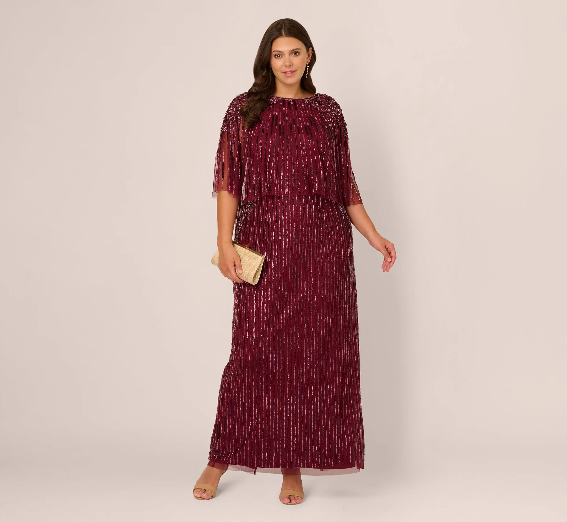 Plus Size Linear Bead Cape Column Gown In Mahogany sold by Adrianna Papell
