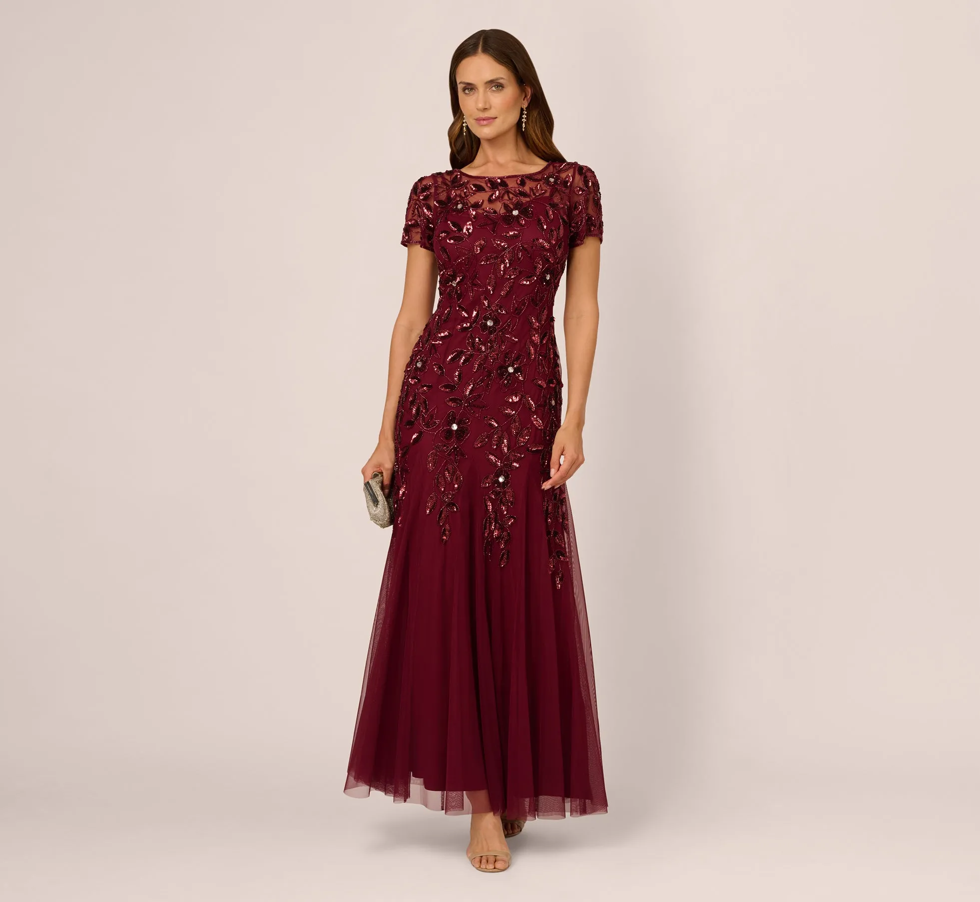 Hand Beaded Short Sleeve Floral Godet Gown In Mahogany sold by Adrianna Papell