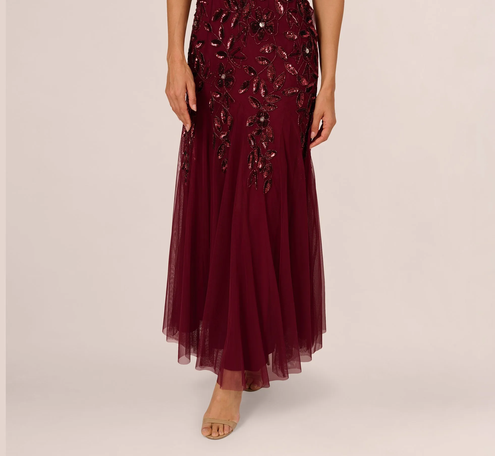 Hand Beaded Short Sleeve Floral Godet Gown In Mahogany sold by Adrianna Papell product image thumbnail 4