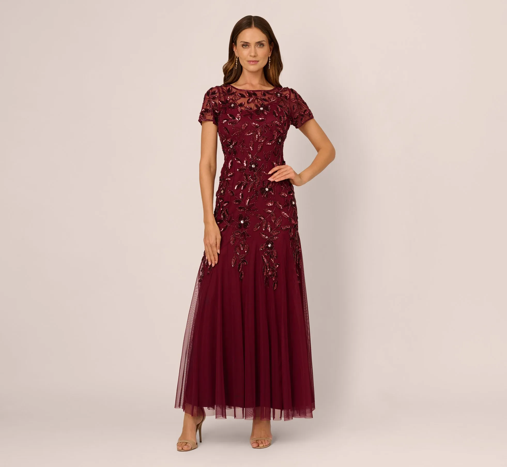 Hand Beaded Short Sleeve Floral Godet Gown In Mahogany sold by Adrianna Papell product image thumbnail 2