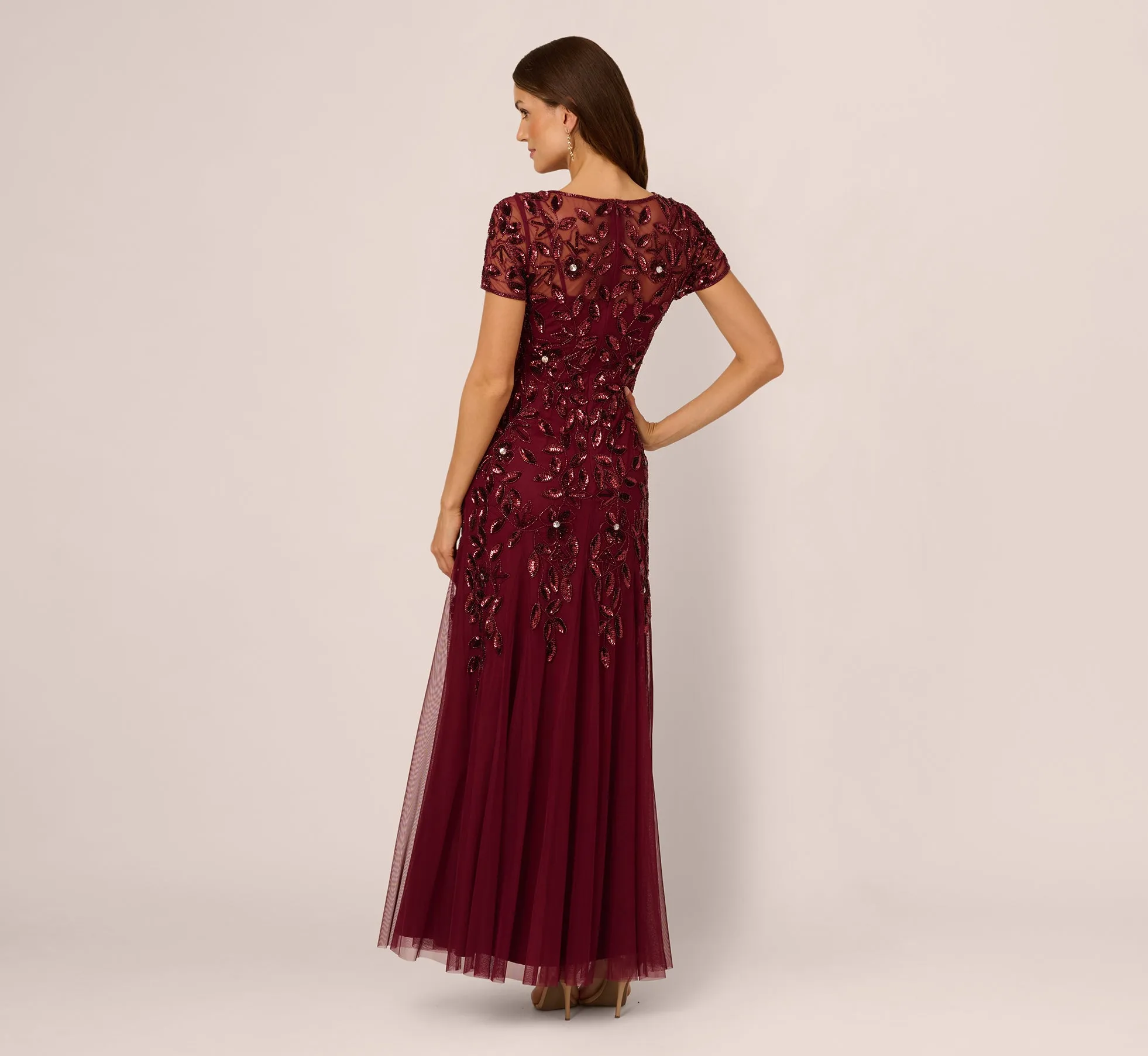 Hand Beaded Short Sleeve Floral Godet Gown In Mahogany sold by Adrianna Papell product image thumbnail 5