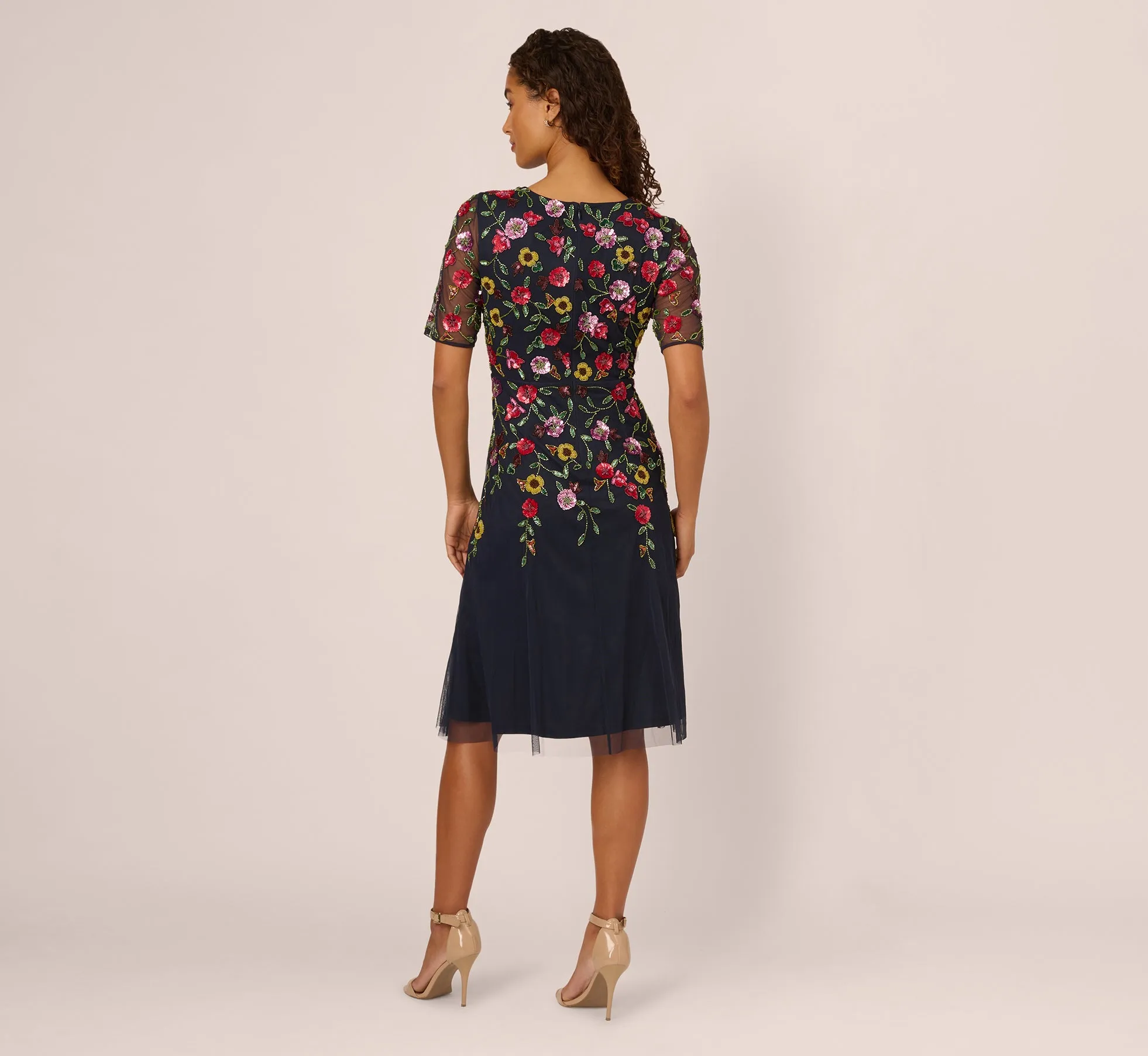 Short Sleeve Floral Beaded Midi Dress In Navy Multi sold by Adrianna Papell product image thumbnail 5
