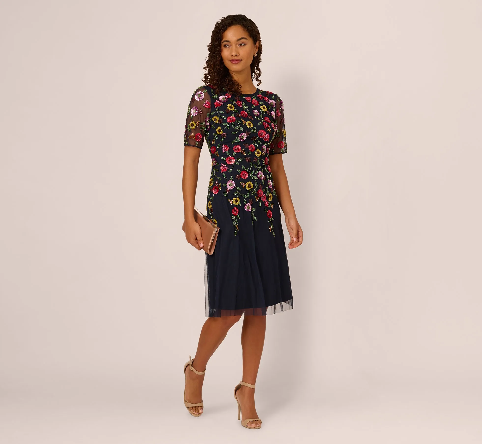 Short Sleeve Floral Beaded Midi Dress In Navy Multi sold by Adrianna Papell