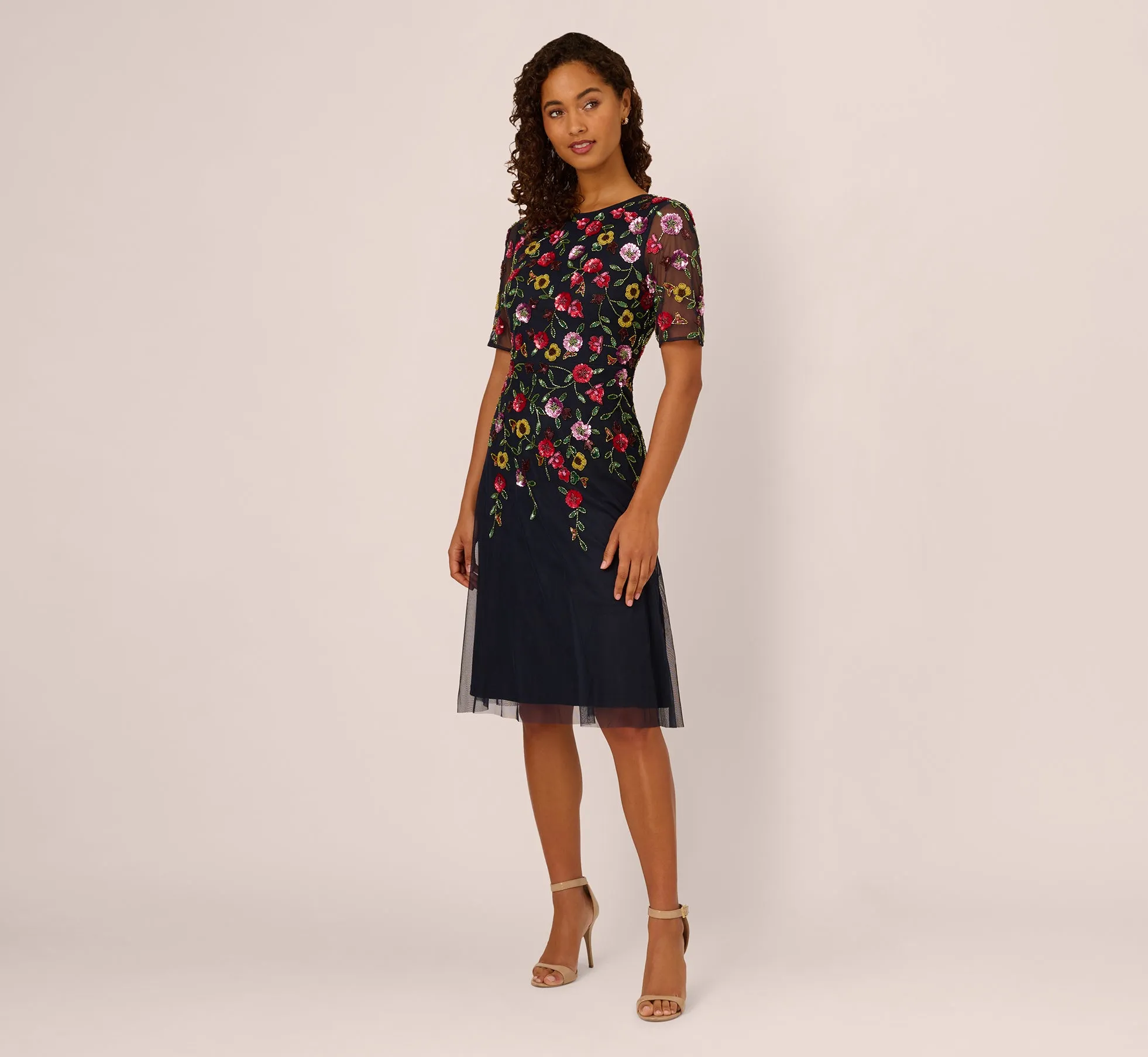 Short Sleeve Floral Beaded Midi Dress In Navy Multi sold by Adrianna Papell product image thumbnail 2