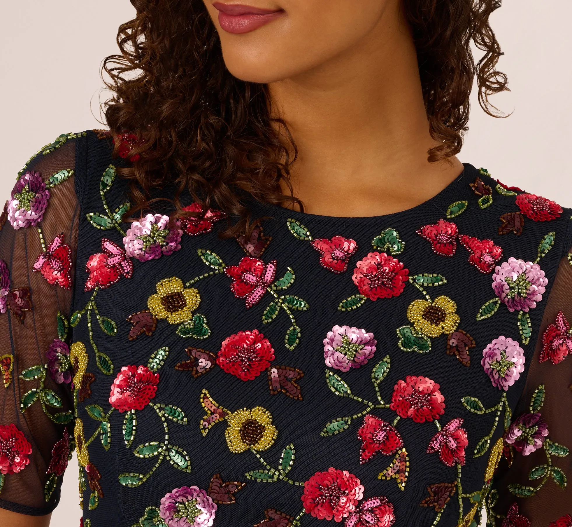 Short Sleeve Floral Beaded Midi Dress In Navy Multi sold by Adrianna Papell product image thumbnail 3