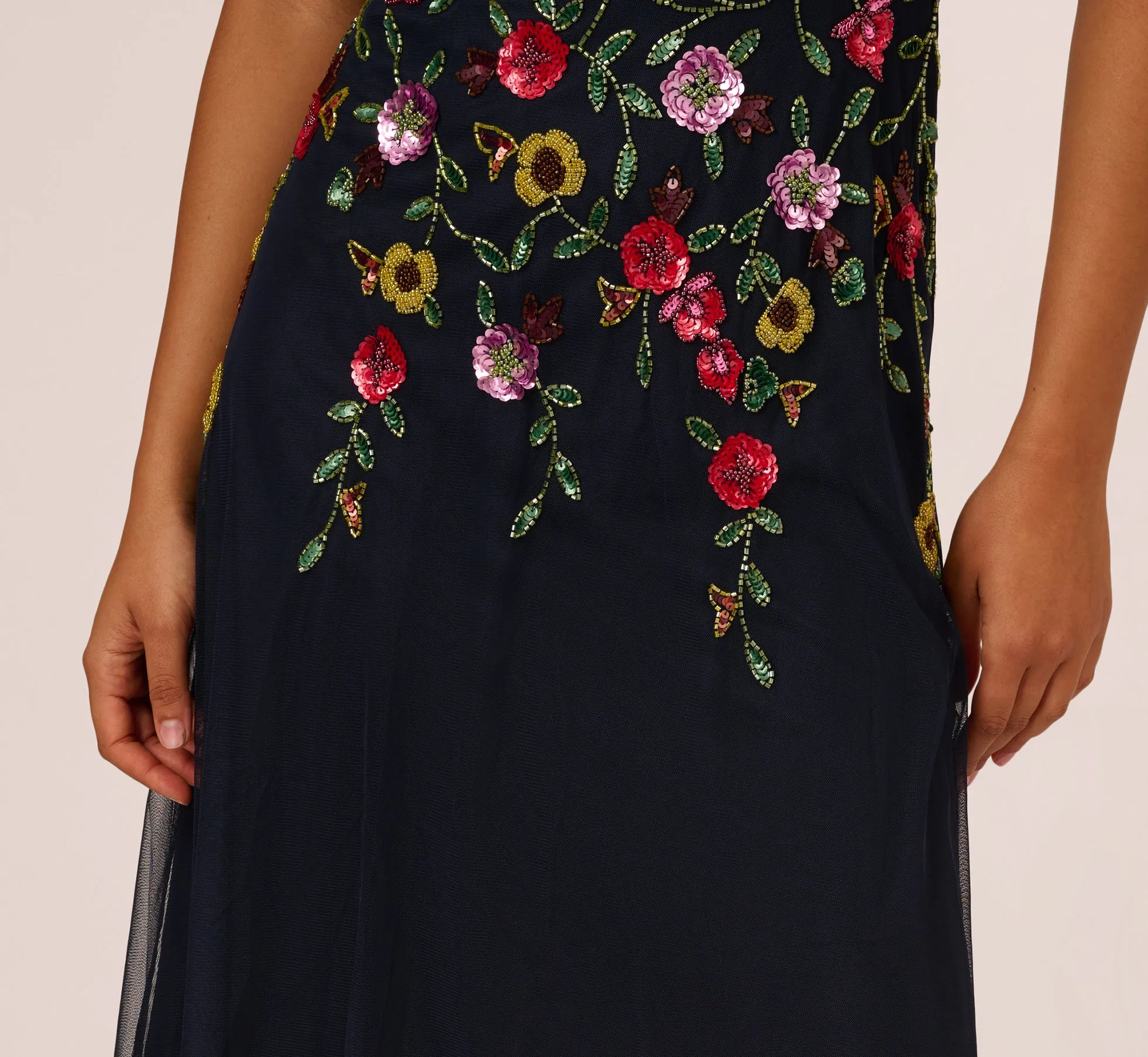 Short Sleeve Floral Beaded Midi Dress In Navy Multi sold by Adrianna Papell product image thumbnail 4