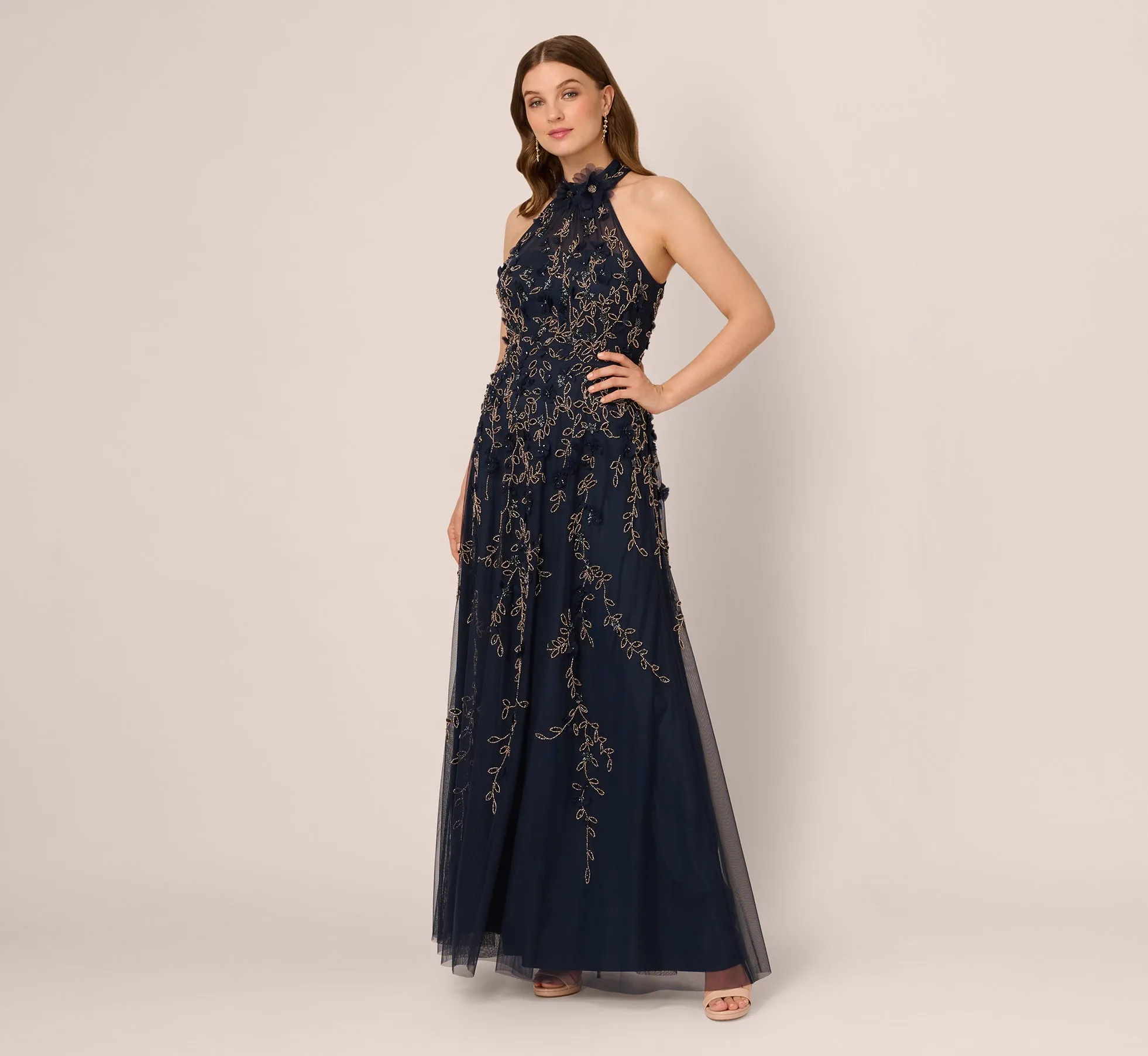 Beaded 3D Petal Halter Gown In Navy Rosegold sold by Adrianna Papell product image thumbnail 2