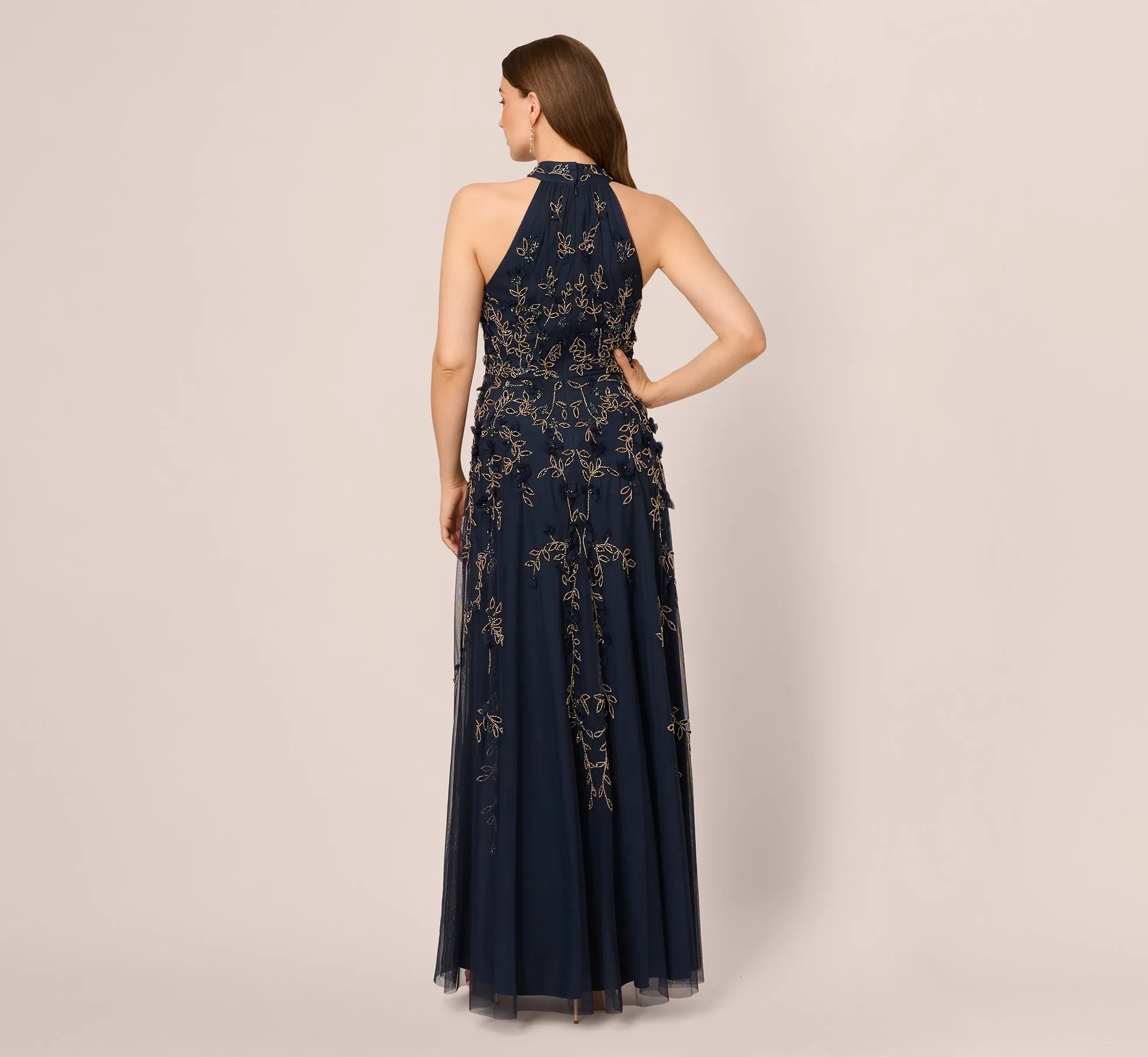 Beaded 3D Petal Halter Gown In Navy Rosegold sold by Adrianna Papell product image thumbnail 5