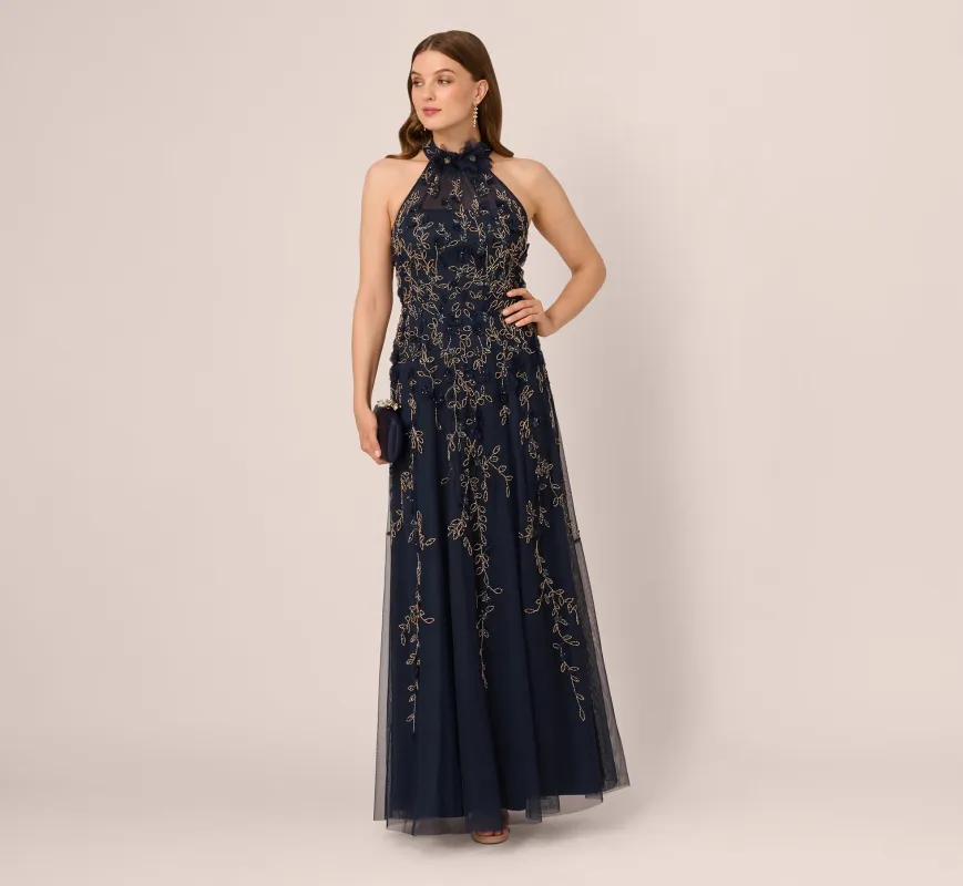 Beaded 3D Petal Halter Gown In Navy Rosegold sold by Adrianna Papell
