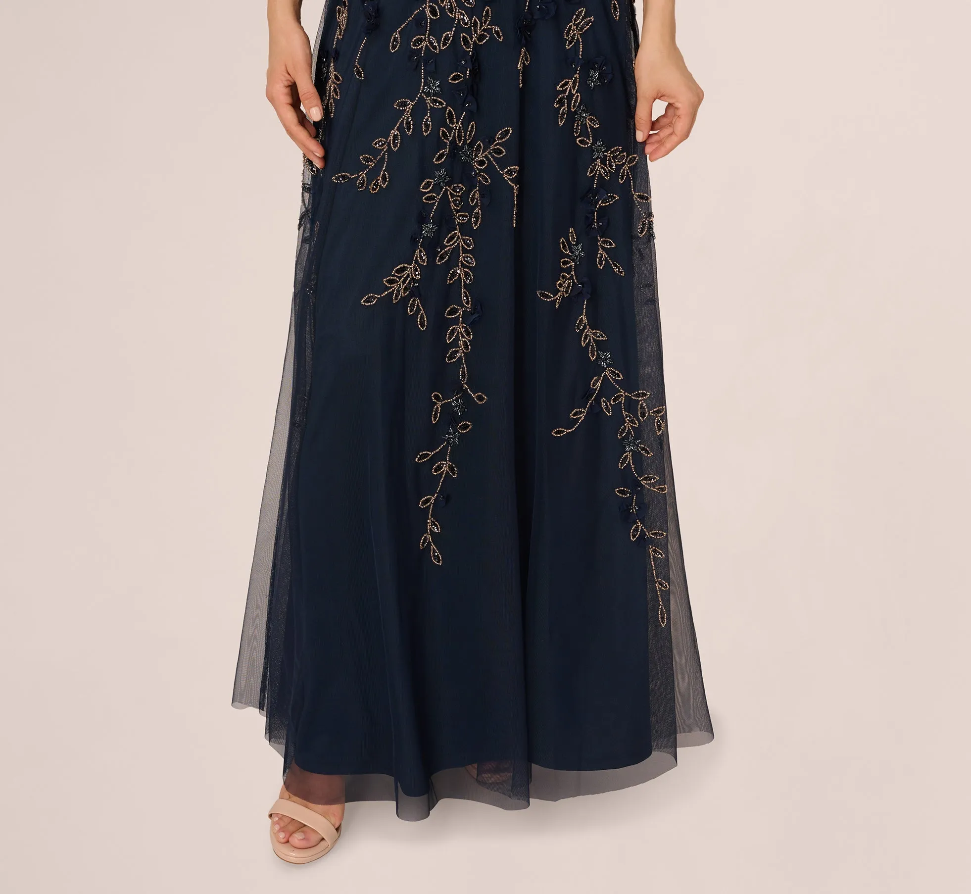 Beaded 3D Petal Halter Gown In Navy Rosegold sold by Adrianna Papell product image thumbnail 3