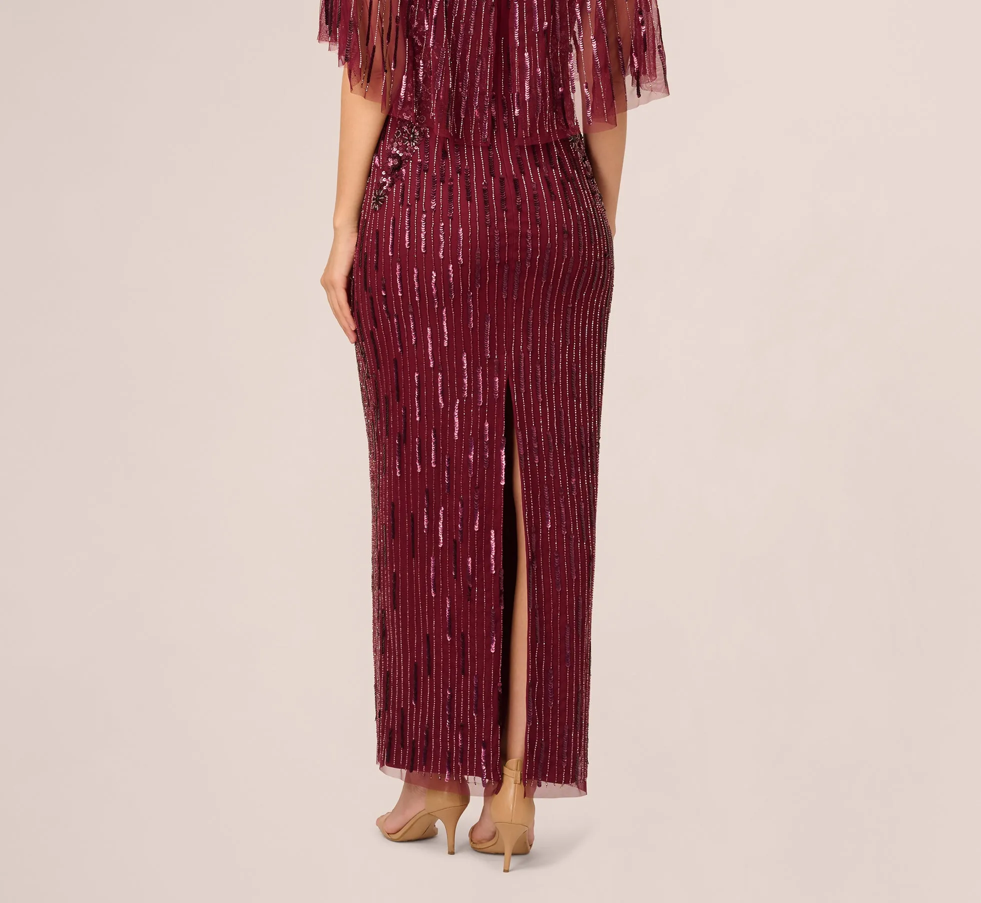 Linear Bead Cape Column Gown In Mahogany sold by Adrianna Papell product image thumbnail 4