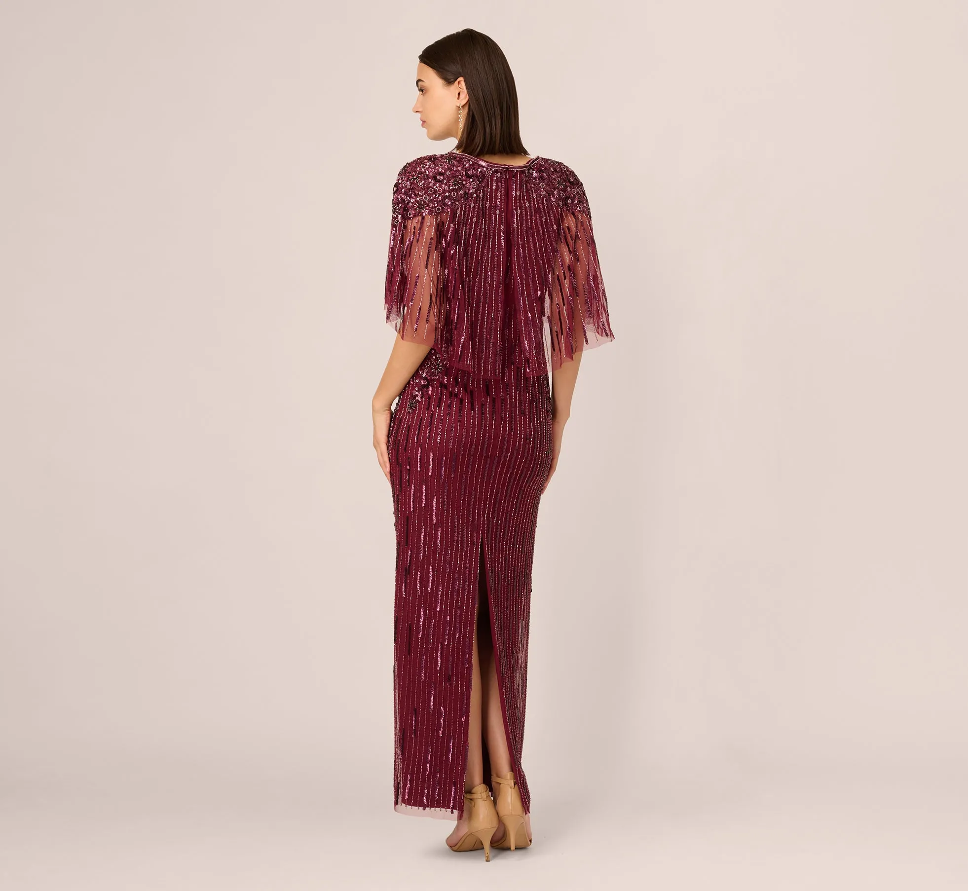 Linear Bead Cape Column Gown In Mahogany sold by Adrianna Papell product image thumbnail 5