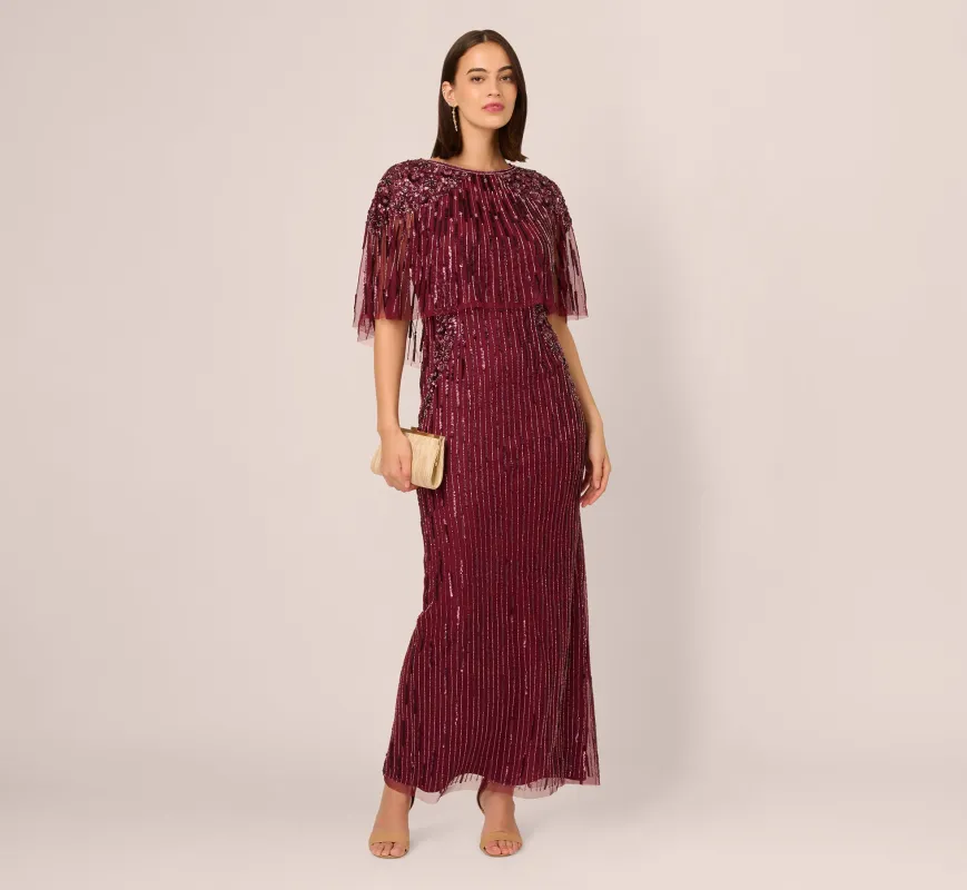 Linear Bead Cape Column Gown In Mahogany sold by Adrianna Papell