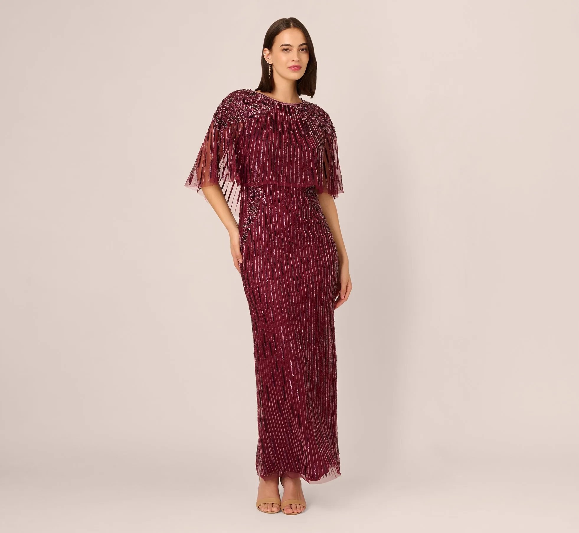 Linear Bead Cape Column Gown In Mahogany sold by Adrianna Papell product image thumbnail 2