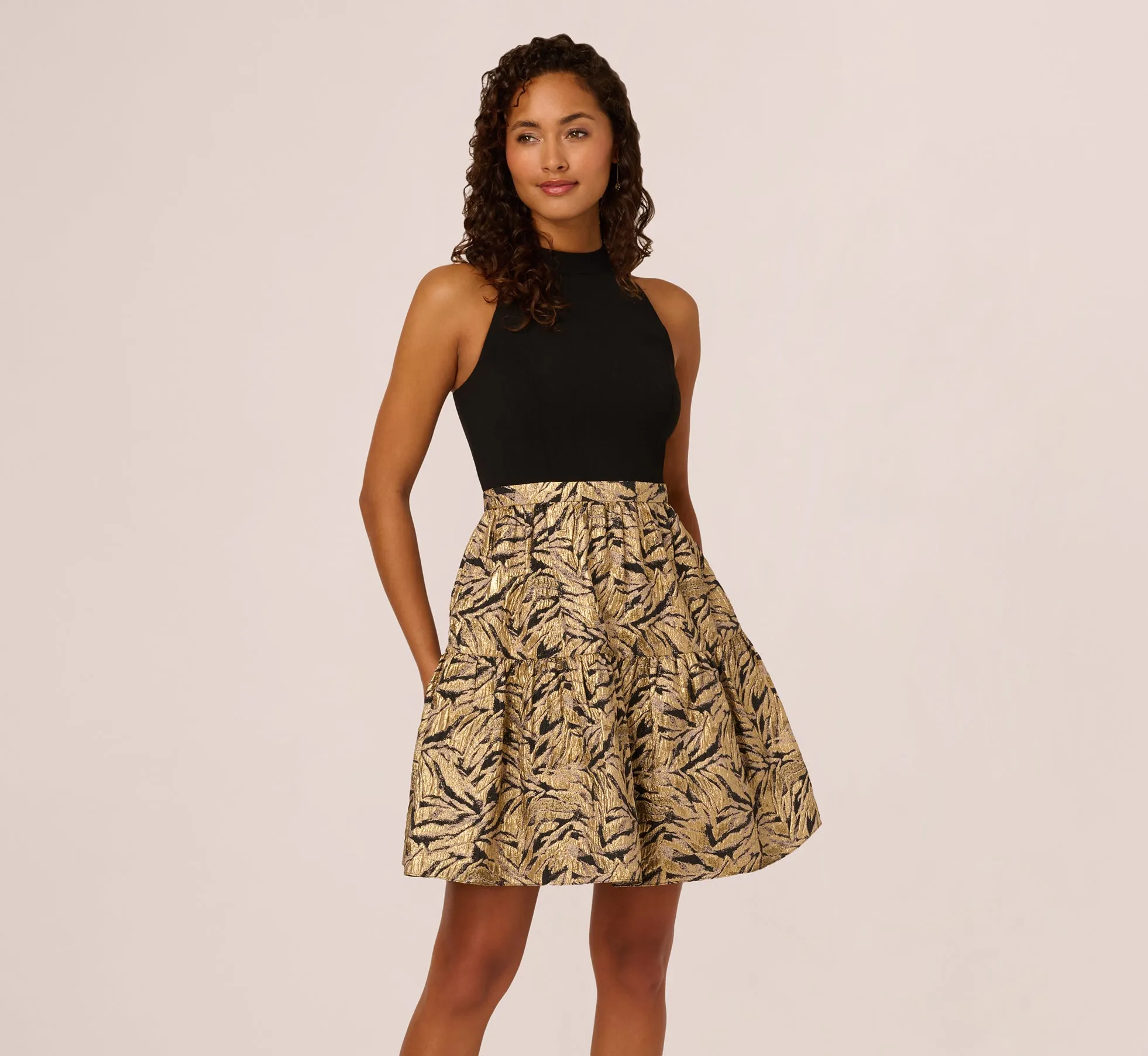 Sleeveless Jacquard Flounce Combo Dress In Black Gold sold by Adrianna Papell product image thumbnail 2