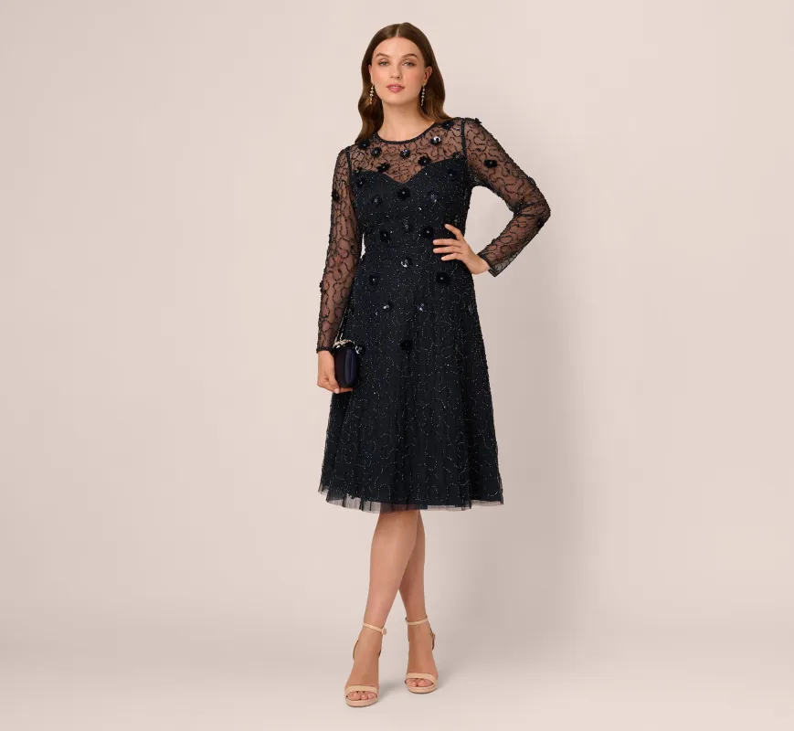 Long Sleeve Illusion Floral Beaded Midi Dress In Midnight sold by Adrianna Papell