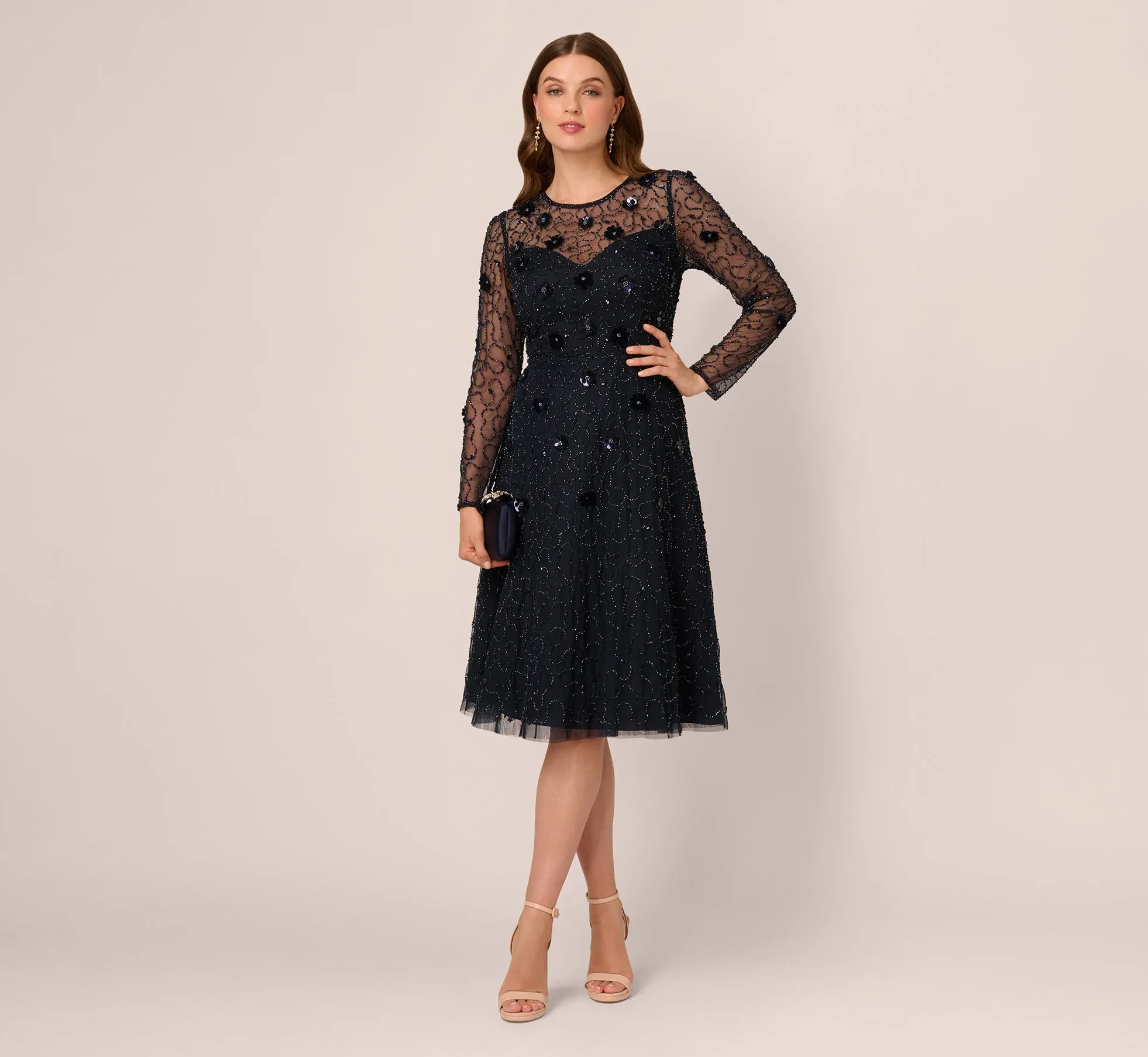 Long Sleeve Illusion Floral Beaded Midi Dress In Midnight sold by Adrianna Papell