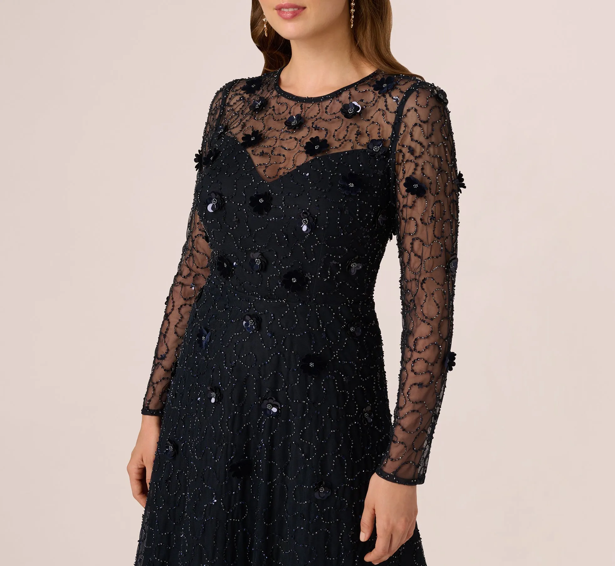 Long Sleeve Illusion Floral Beaded Midi Dress In Midnight sold by Adrianna Papell product image thumbnail 3