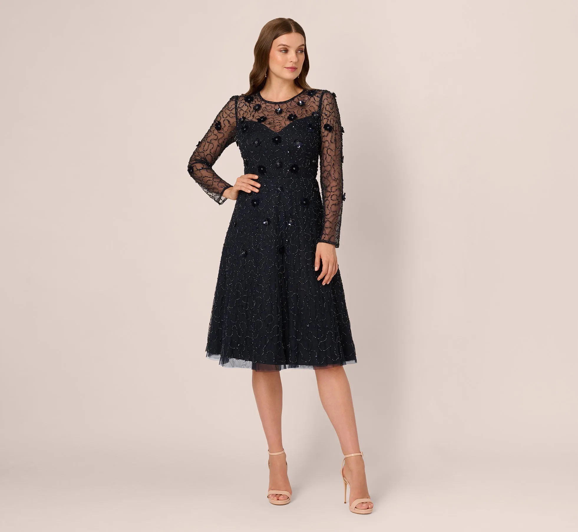 Long Sleeve Illusion Floral Beaded Midi Dress In Midnight sold by Adrianna Papell product image thumbnail 2