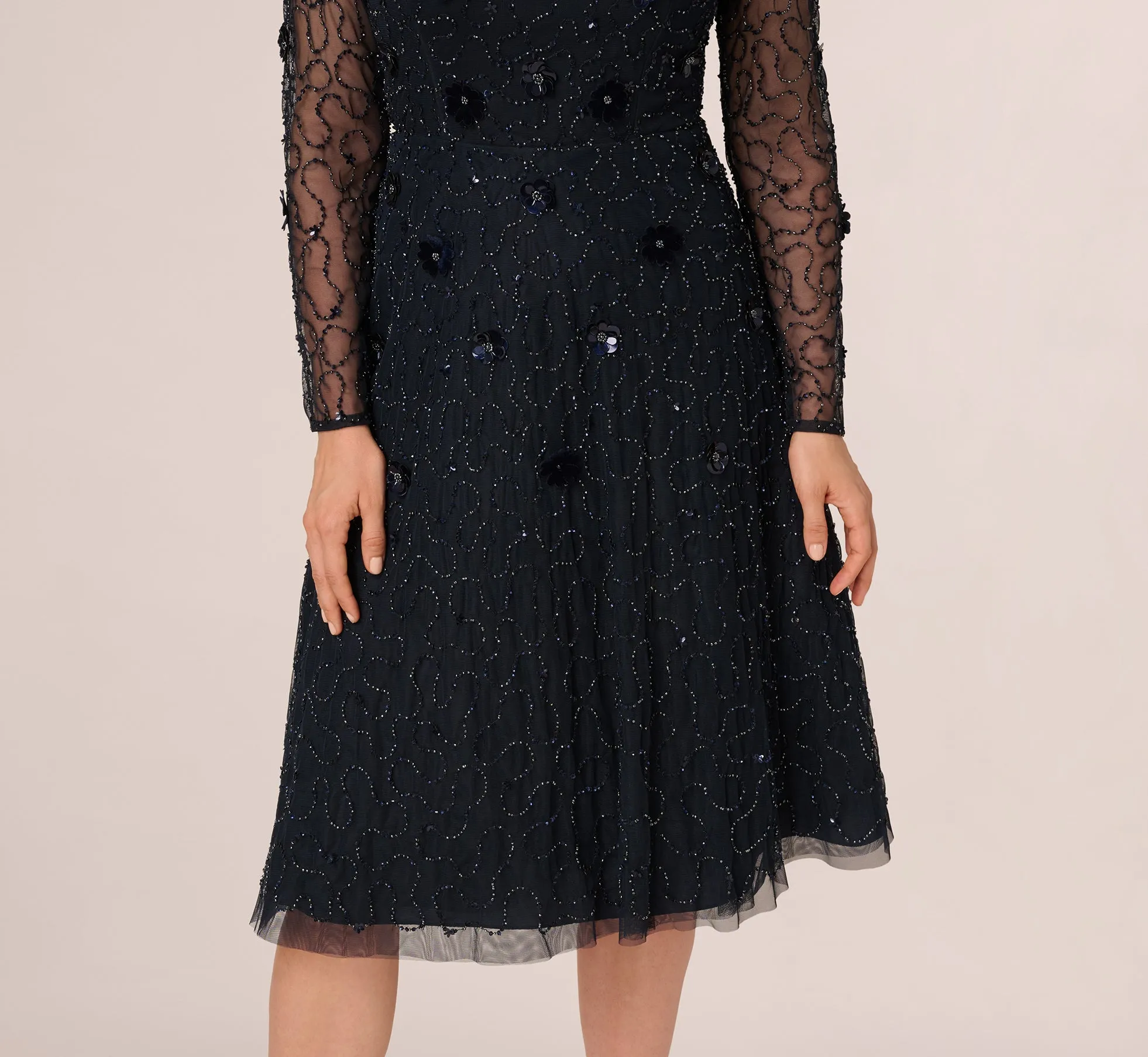 Long Sleeve Illusion Floral Beaded Midi Dress In Midnight sold by Adrianna Papell product image thumbnail 4