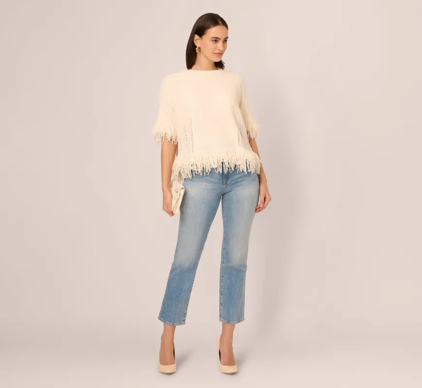 Three Quarter Sleeve Fringe Trim Sweater In Cream sold by Adrianna Papell