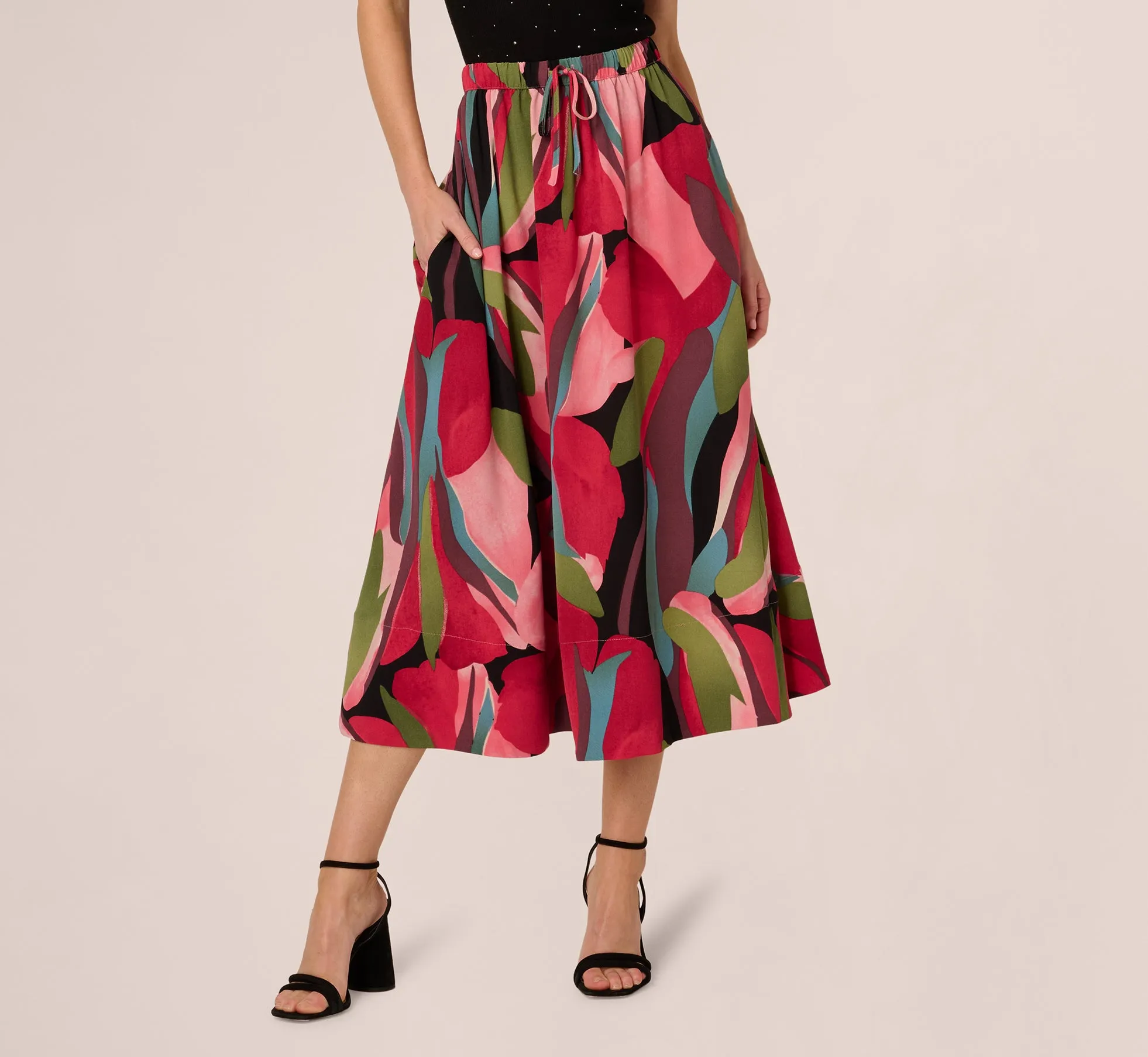 Printed A Line Drawstring Midi Skirt In Mosiac Leaves sold by Adrianna Papell product image thumbnail 2