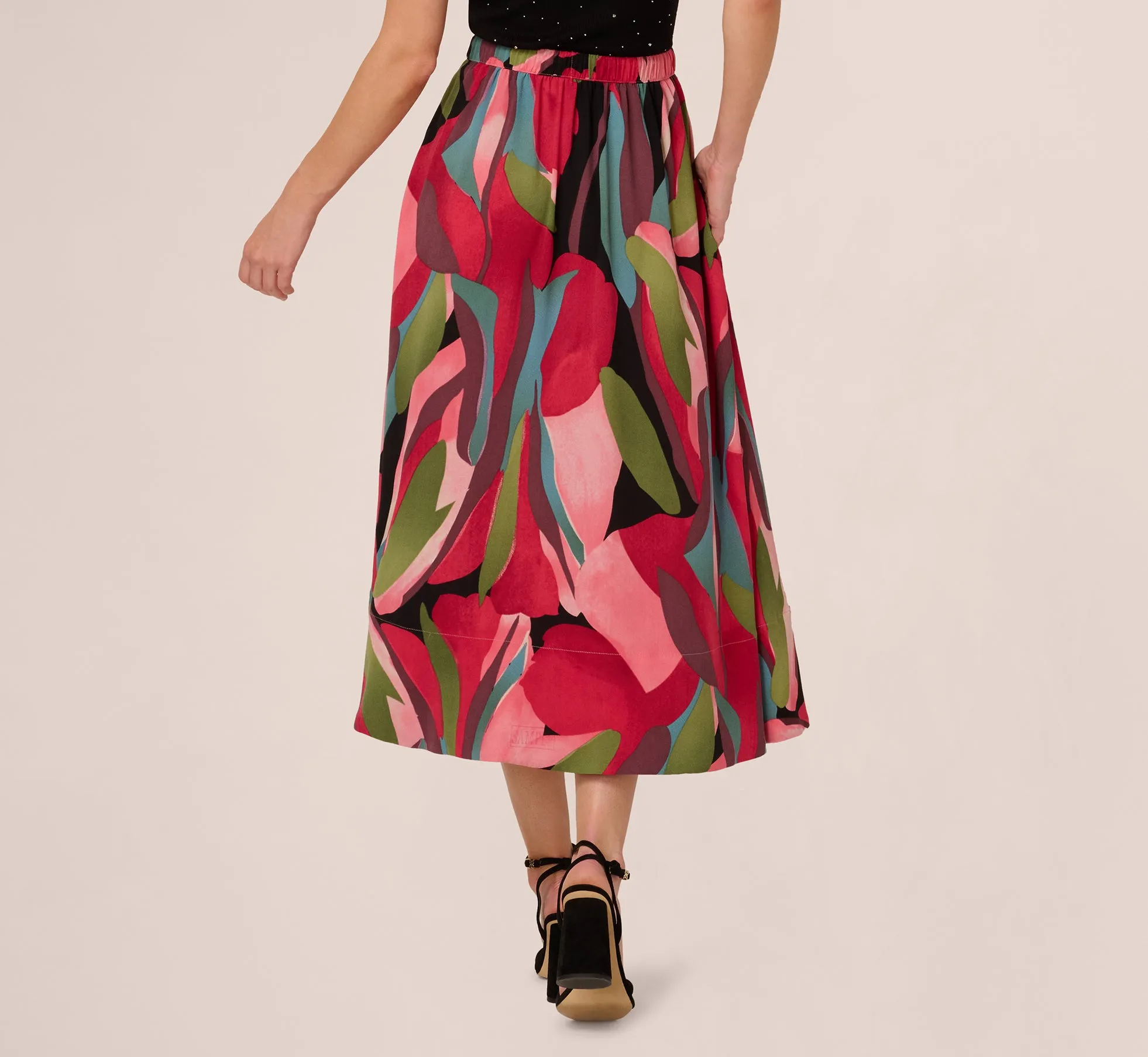 Printed A Line Drawstring Midi Skirt In Mosiac Leaves sold by Adrianna Papell product image thumbnail 5