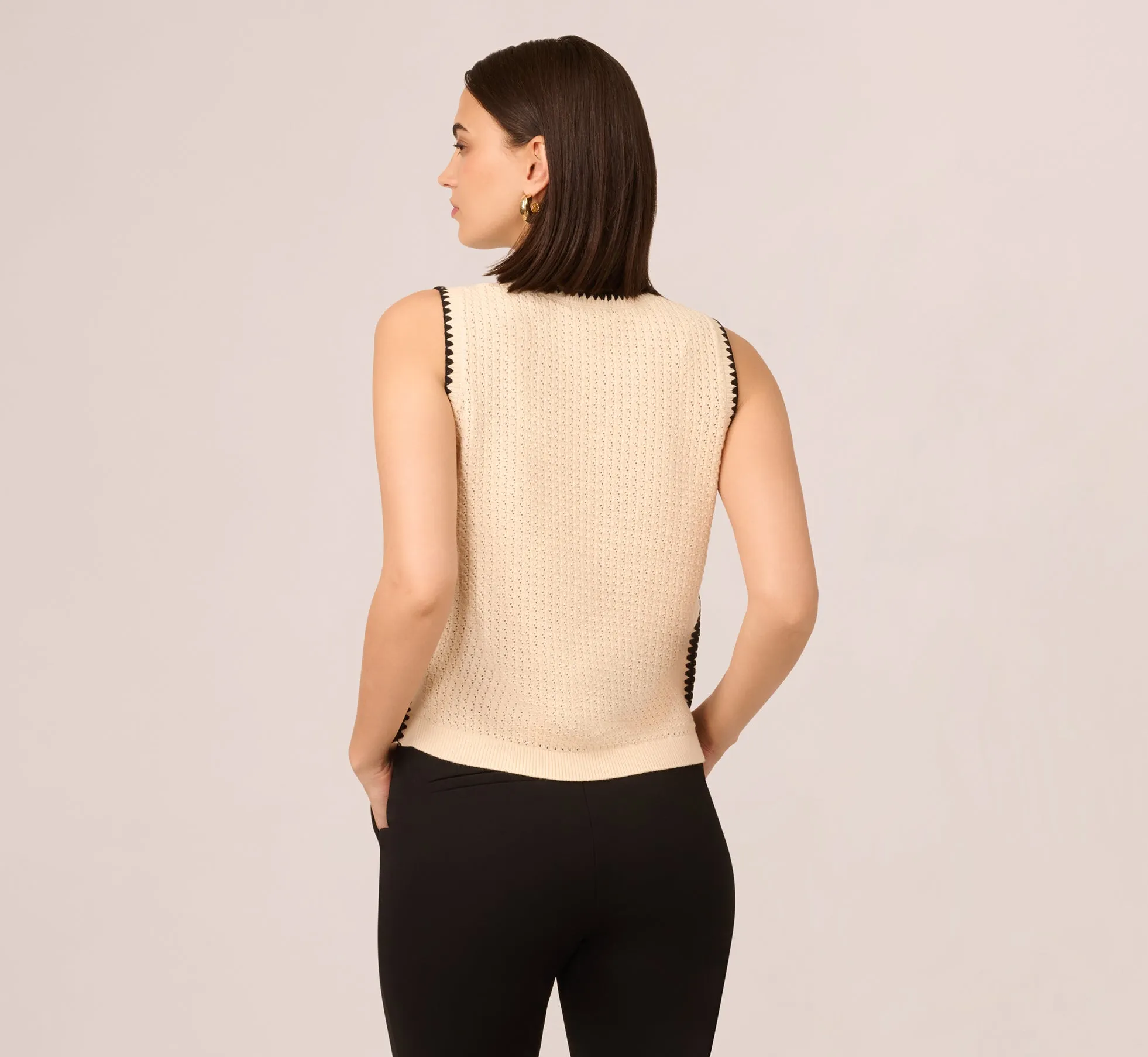 Sleeveless Open Knit Whipstitch Sweater Top In Cream Black sold by Adrianna Papell product image thumbnail 5