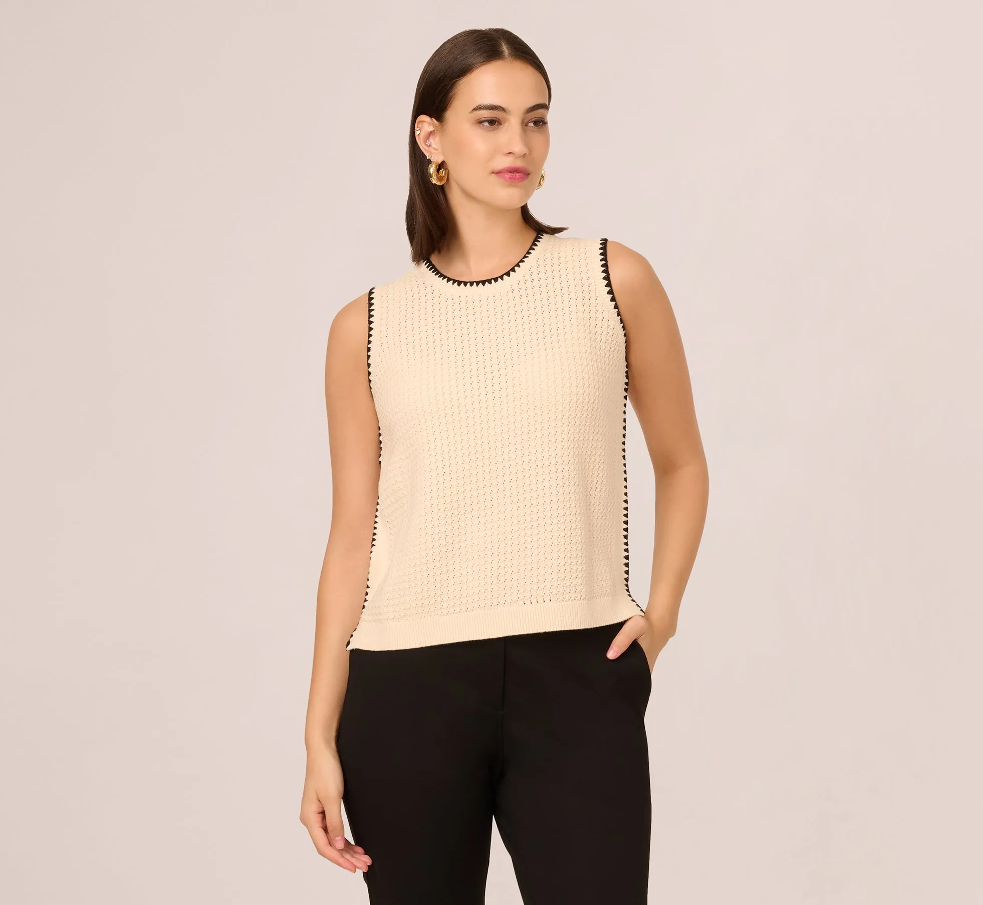 Sleeveless Open Knit Whipstitch Sweater Top In Cream Black sold by Adrianna Papell product image thumbnail 2