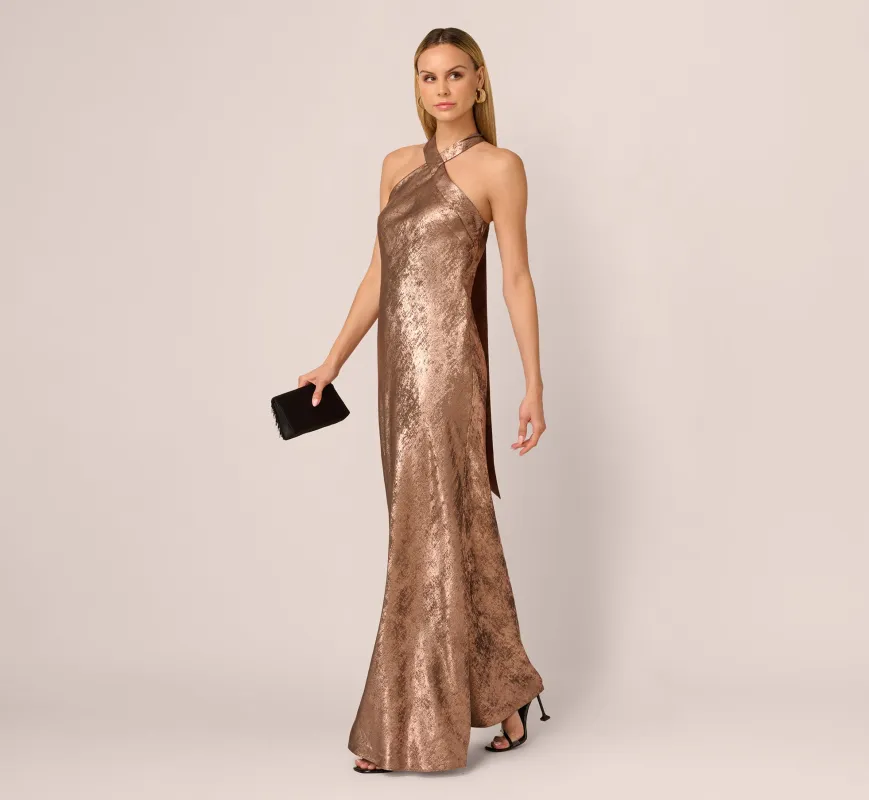 Foiled Mermaid Gown With Halter Neckline In Mocha sold by Adrianna Papell