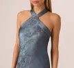 Foiled Mermaid Gown With Halter Neckline In French Blue sold by Adrianna Papell