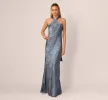Foiled Mermaid Gown With Halter Neckline In French Blue sold by Adrianna Papell