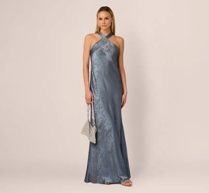 Foiled Mermaid Gown With Halter Neckline In French Blue sold by Adrianna Papell
