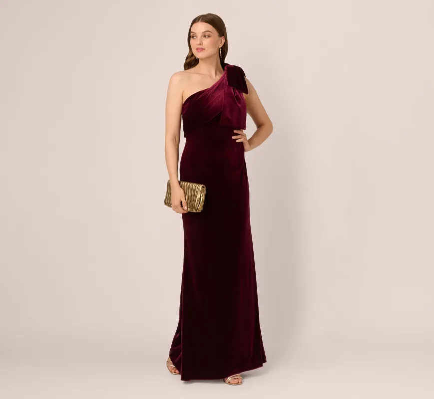 One Shoulder Velvet Bow Gown In Bordeaux sold by Adrianna Papell