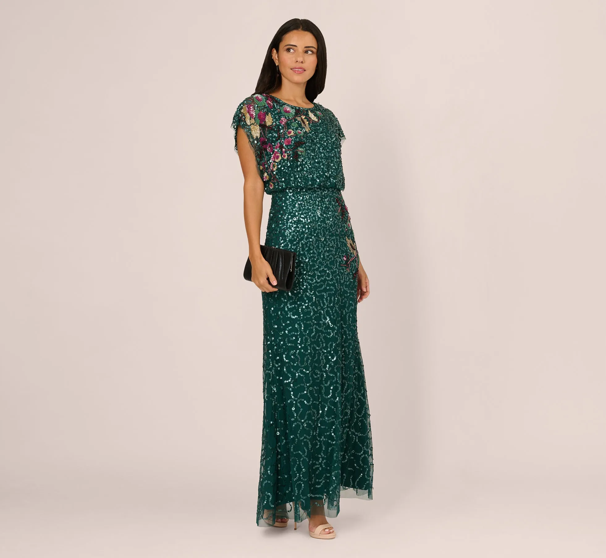 Multicolor Floral Beaded Mermaid Gown With Dolman Sleeves In Gem Green sold by Adrianna Papell
