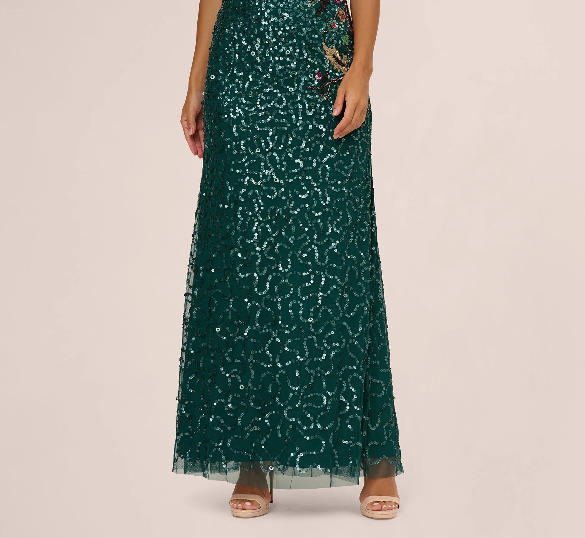 Multicolor Floral Beaded Mermaid Gown With Dolman Sleeves In Gem Green sold by Adrianna Papell product image thumbnail 4