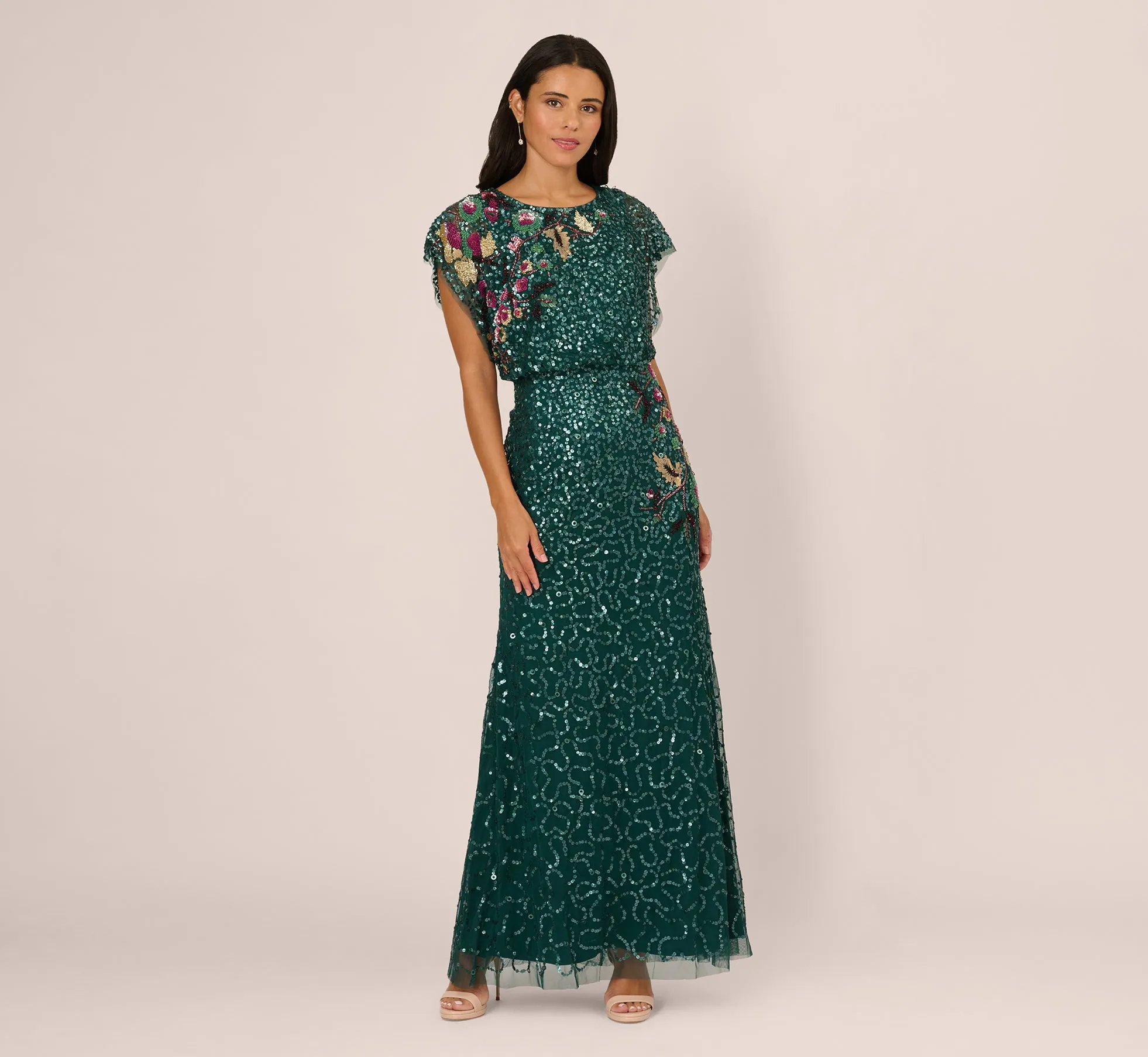 Multicolor Floral Beaded Mermaid Gown With Dolman Sleeves In Gem Green sold by Adrianna Papell product image thumbnail 2